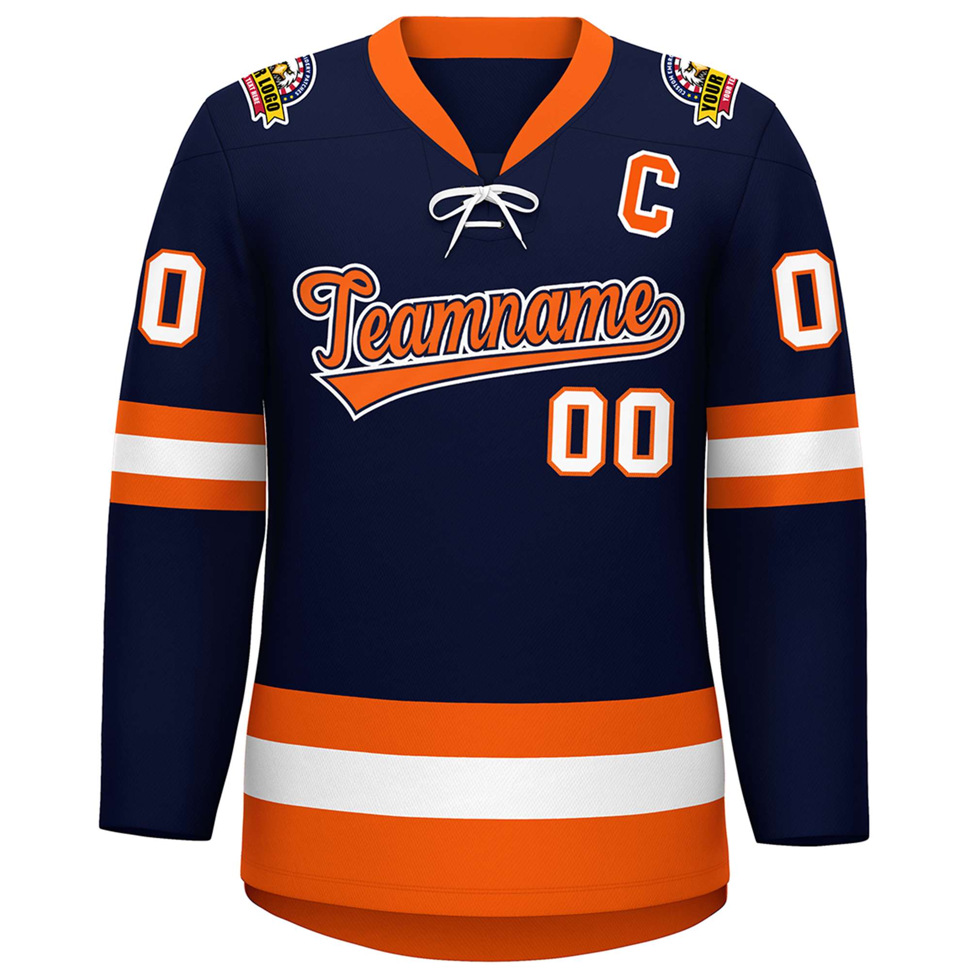 Custom Navy Orange-White Lace-Up Neck Hockey Jersey | KXKSHOP