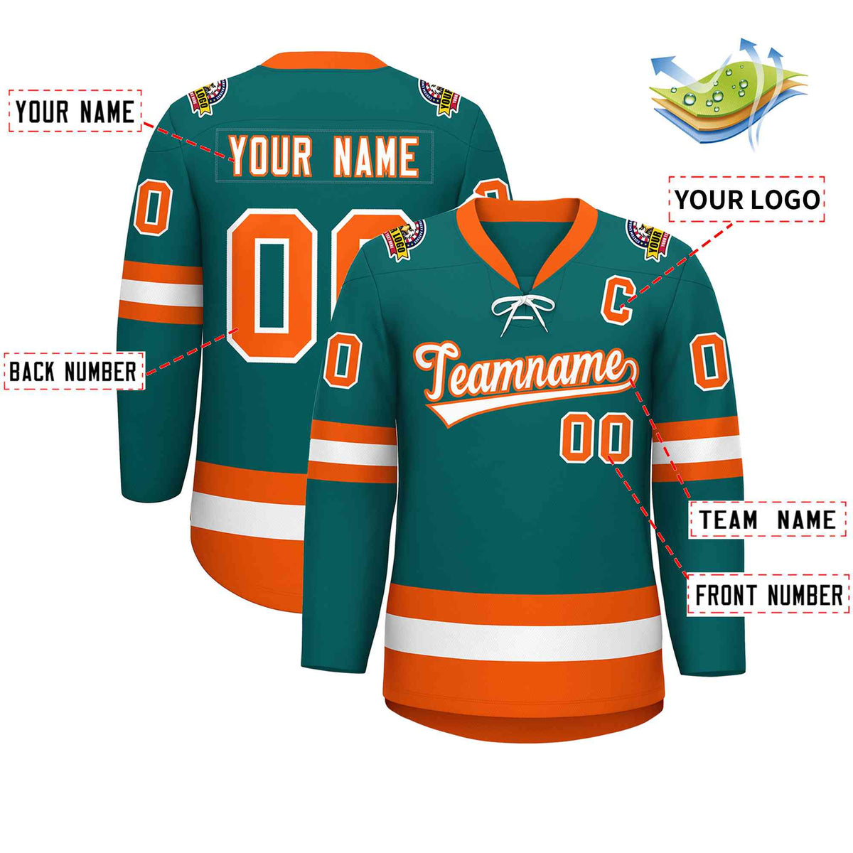 Custom Aqua White-Orange Lace-Up Neck Hockey Jersey | KXKSHOP