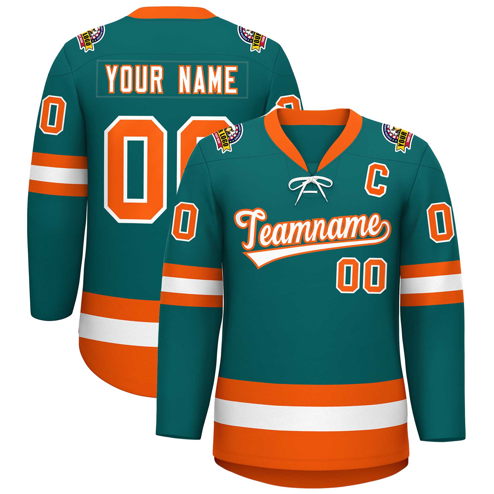 Custom Aqua White-Orange Lace-Up Neck Hockey Jersey | KXKSHOP