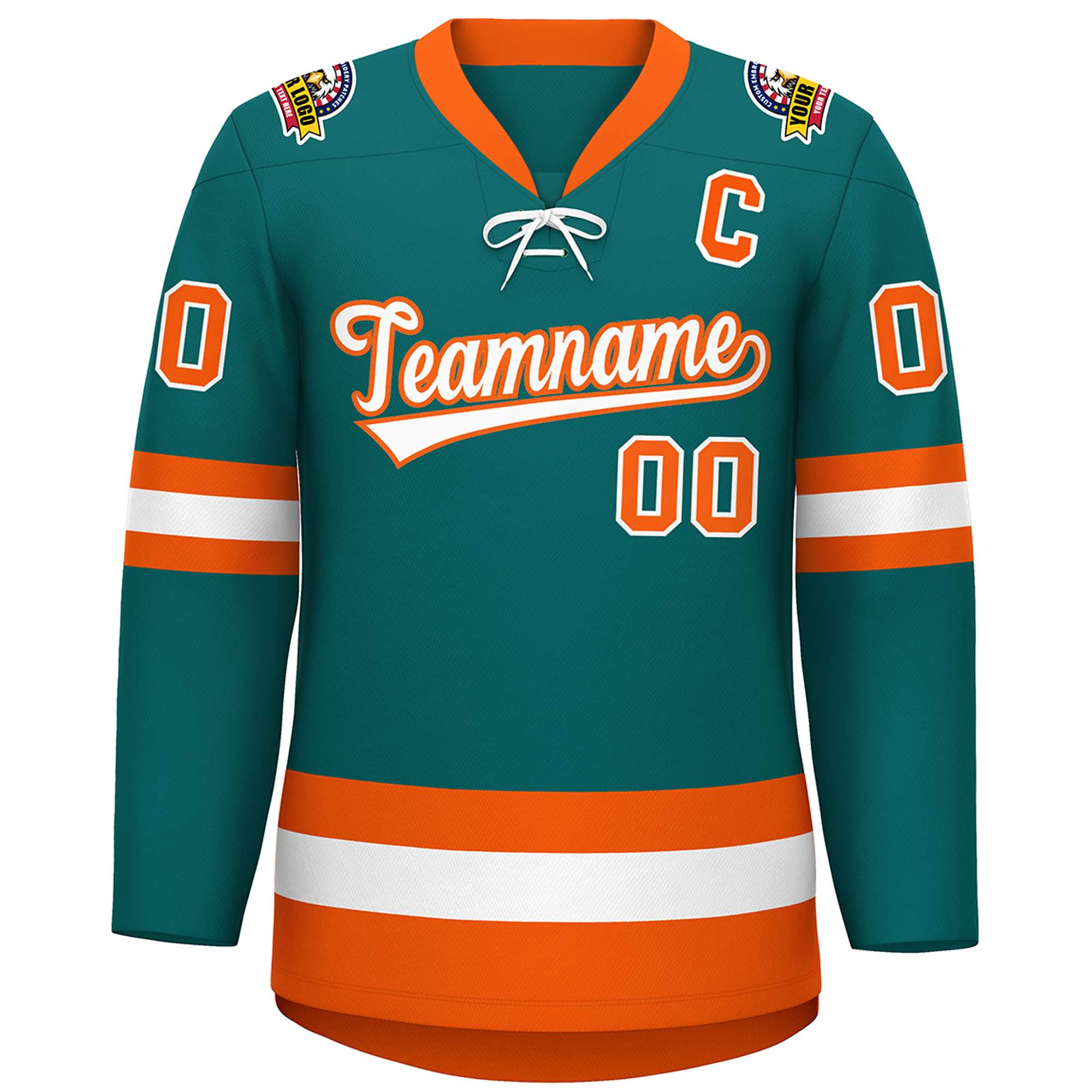 Custom Aqua White-Orange Lace-Up Neck Hockey Jersey | KXKSHOP
