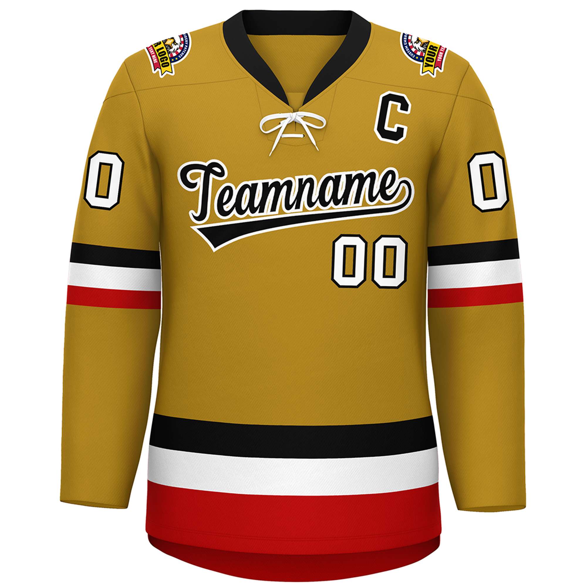 Custom Old Gold Black-White Lace-Up Neck Hockey Jersey | KXKSHOP