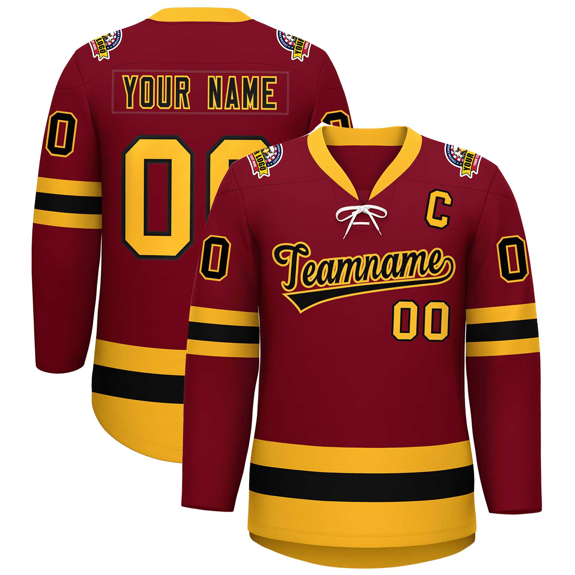 Custom Crimson Black-Gold Lace-Up Neck Hockey Jersey | KXKSHOP