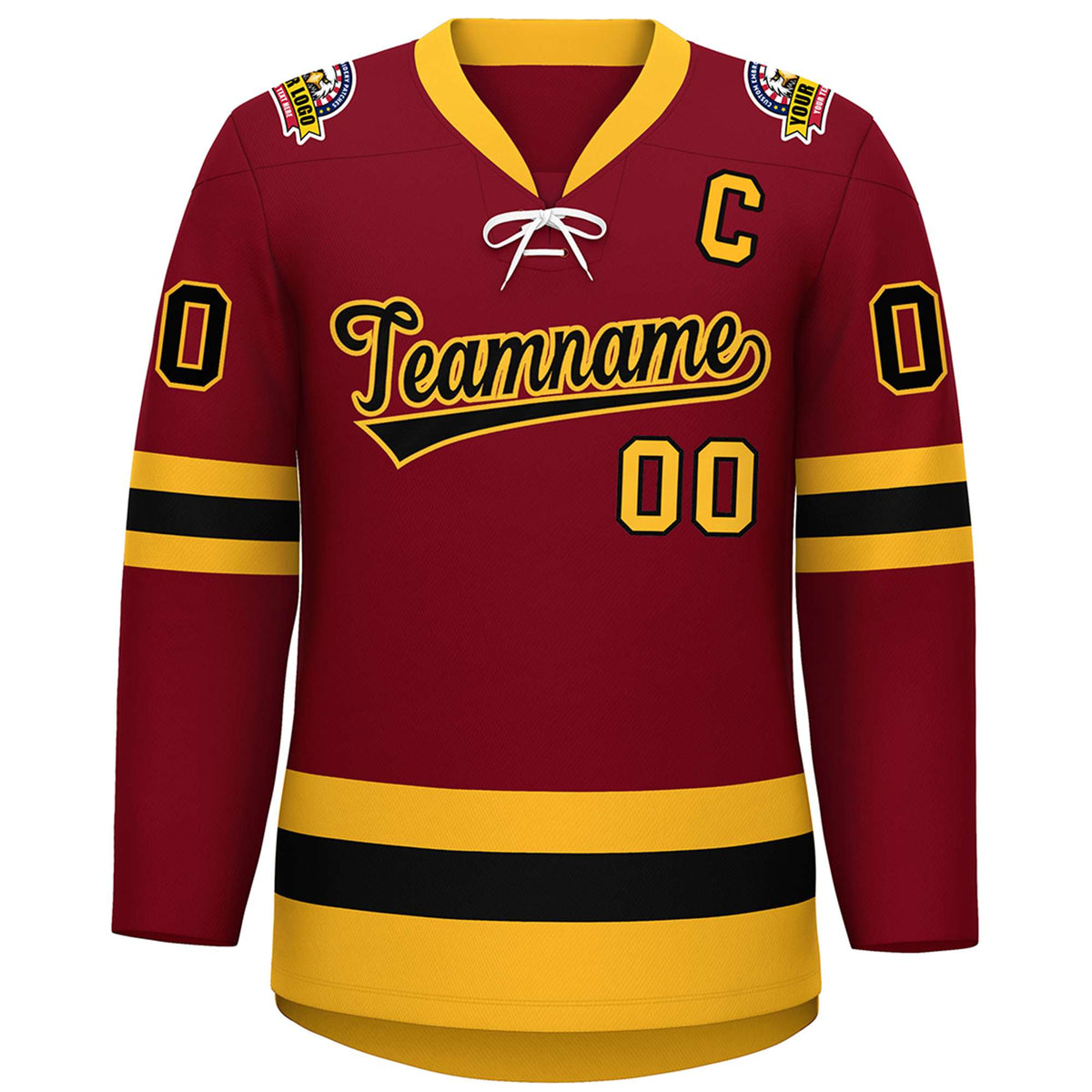 Custom Crimson Black-Gold Lace-Up Neck Hockey Jersey | KXKSHOP