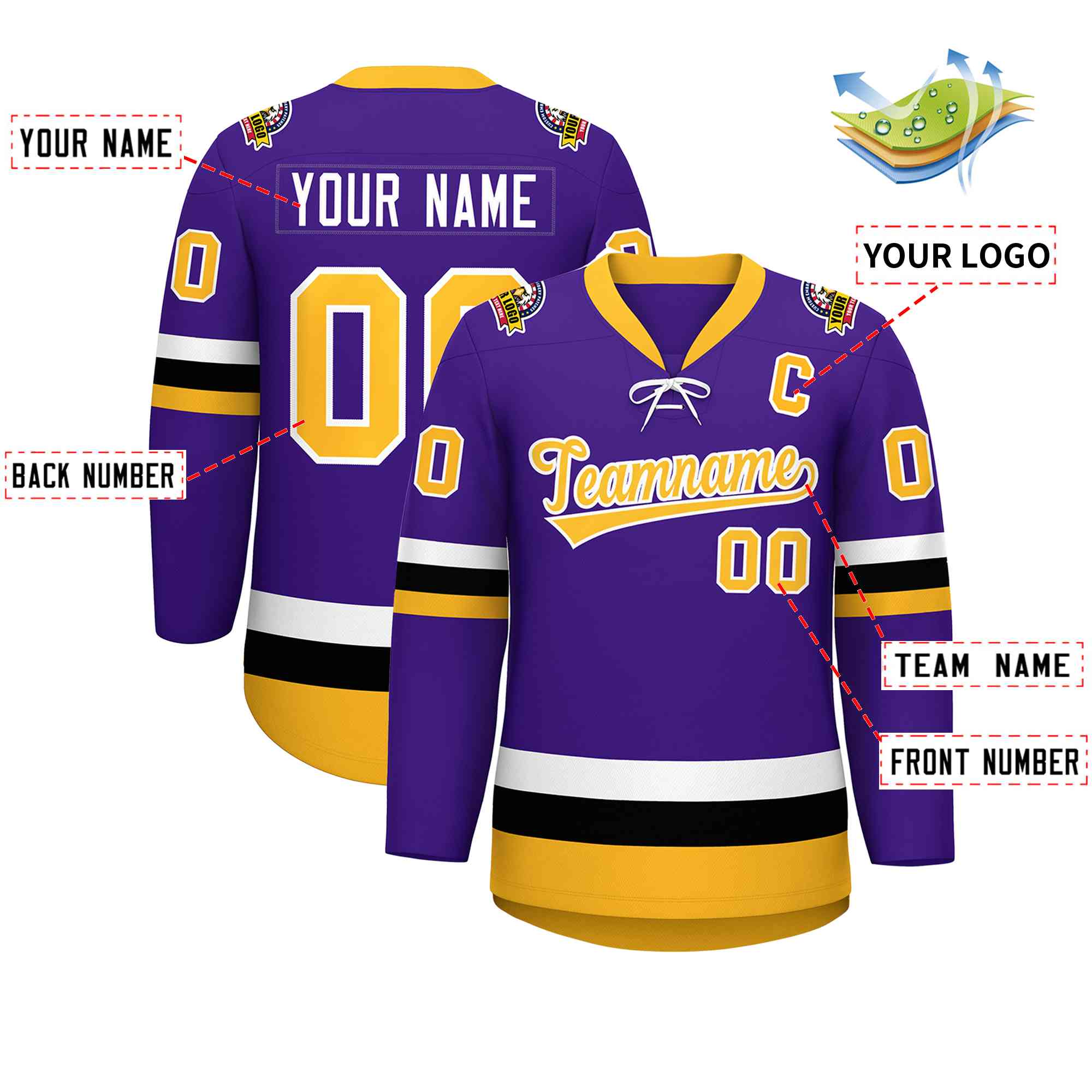 Custom Purple Gold-White Lace-Up Neck Hockey Jersey | KXKSHOP