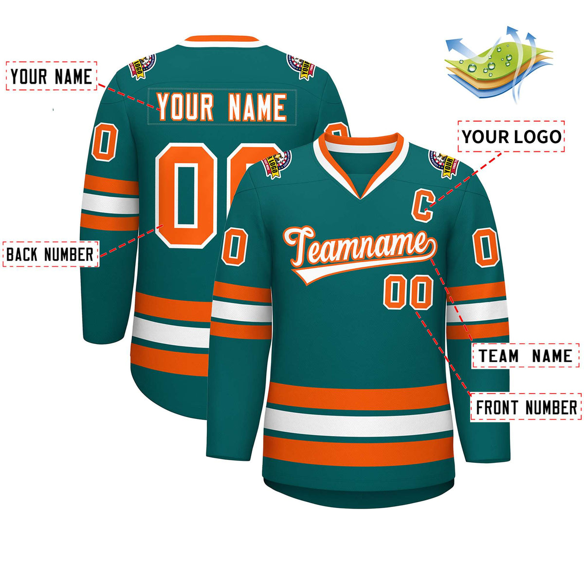 Custom Teal White-Orange Classic Style Hockey Jersey | KXKSHOP