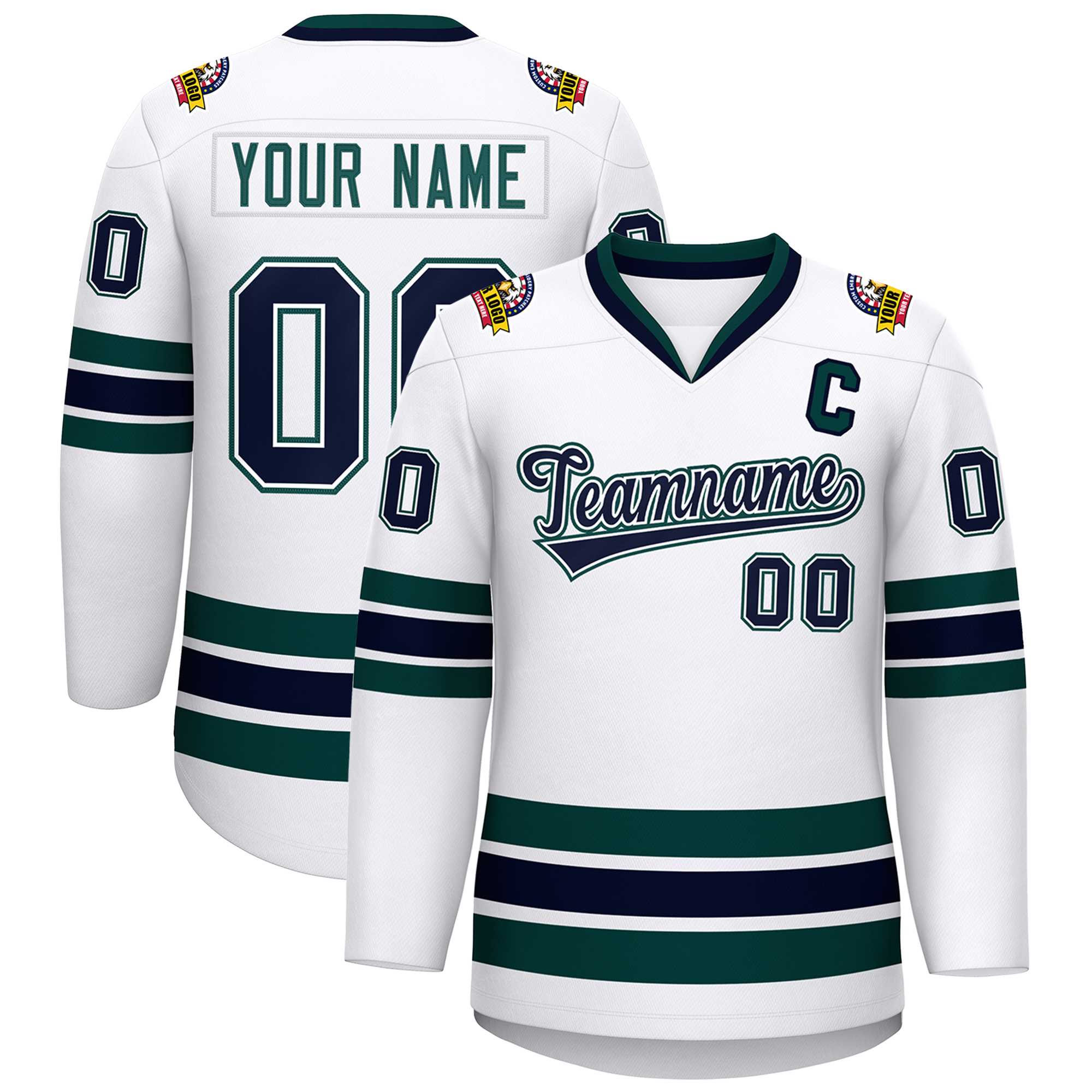 Custom White Navy White-Midnight Green Classic Style Hockey Jersey | KXKSHOP
