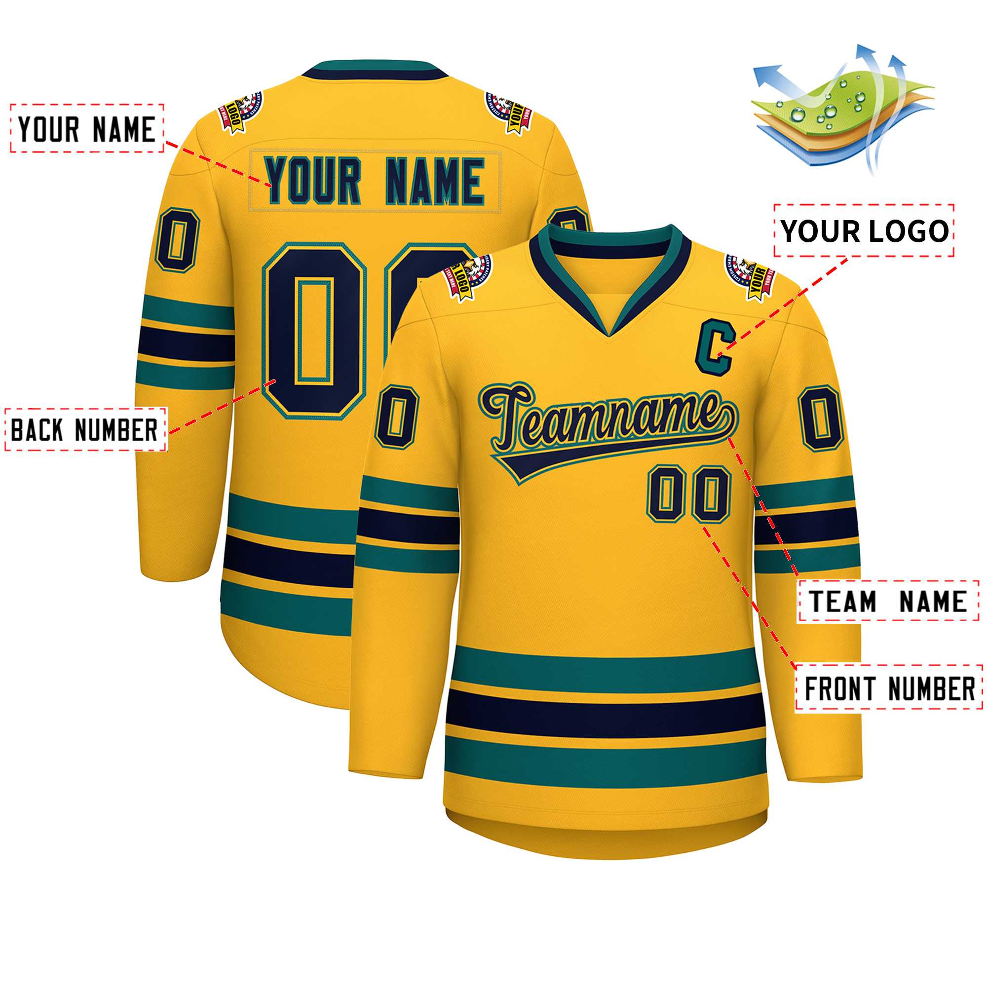 Custom Gold Navy Gold-Aqua Classic Style Hockey Jersey | KXKSHOP