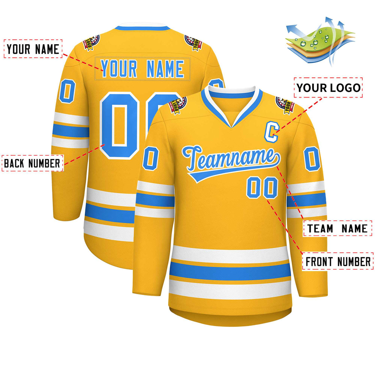 Custom Gold Powder Blue-White Classic Style Hockey Jersey | KXKSHOP
