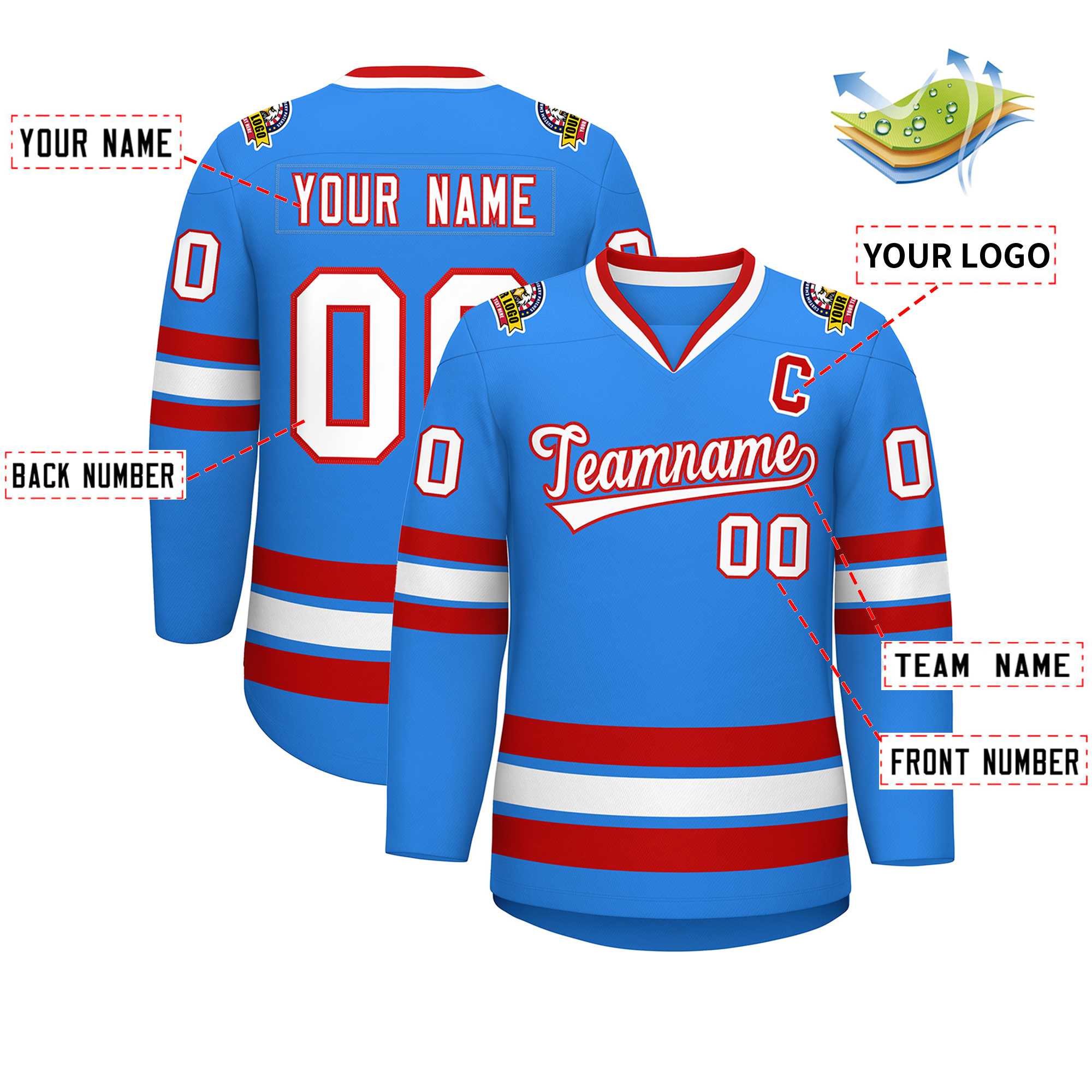 Custom Powder Blue White-Red Classic Style Hockey Jersey | KXKSHOP