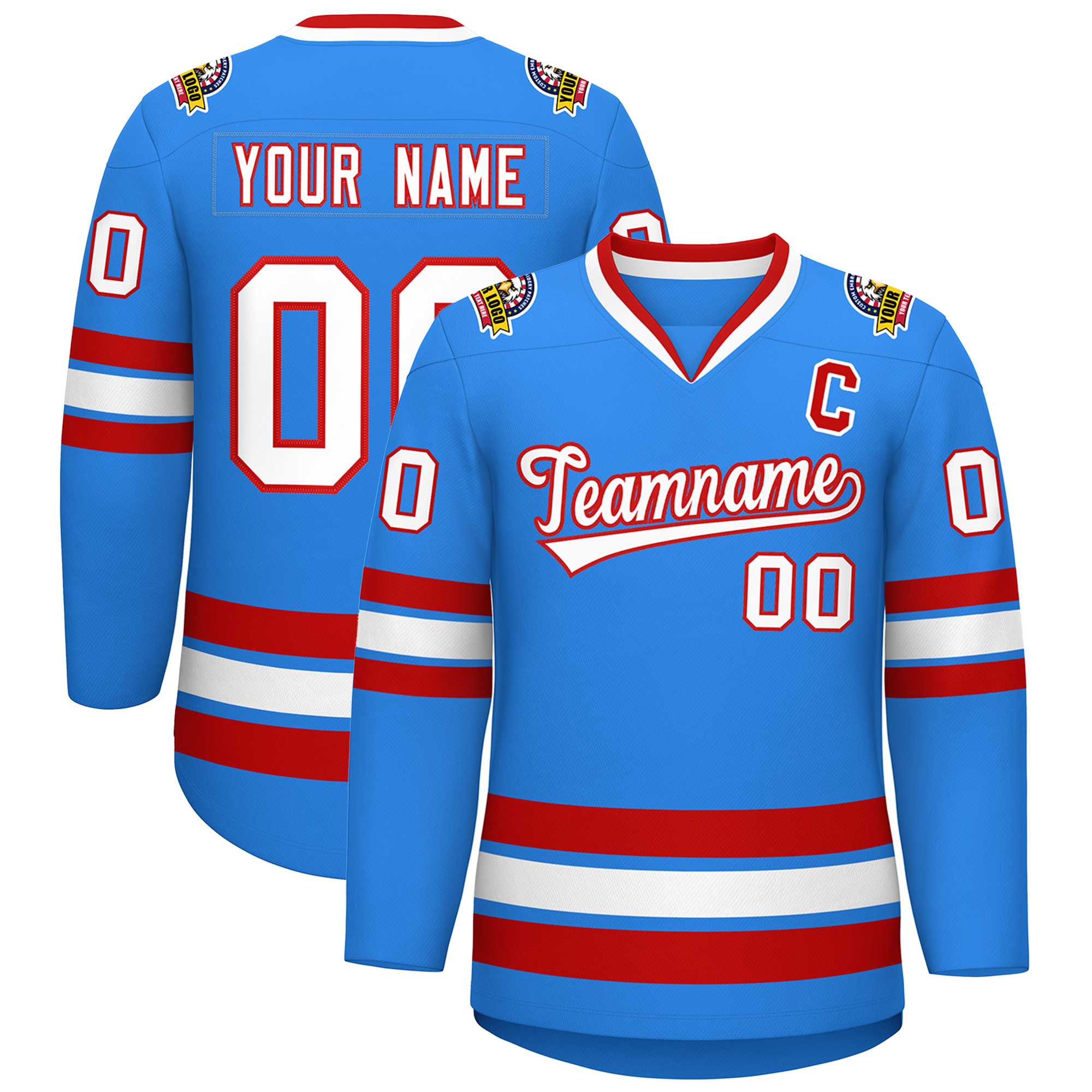 Custom Powder Blue White-Red Classic Style Hockey Jersey | KXKSHOP