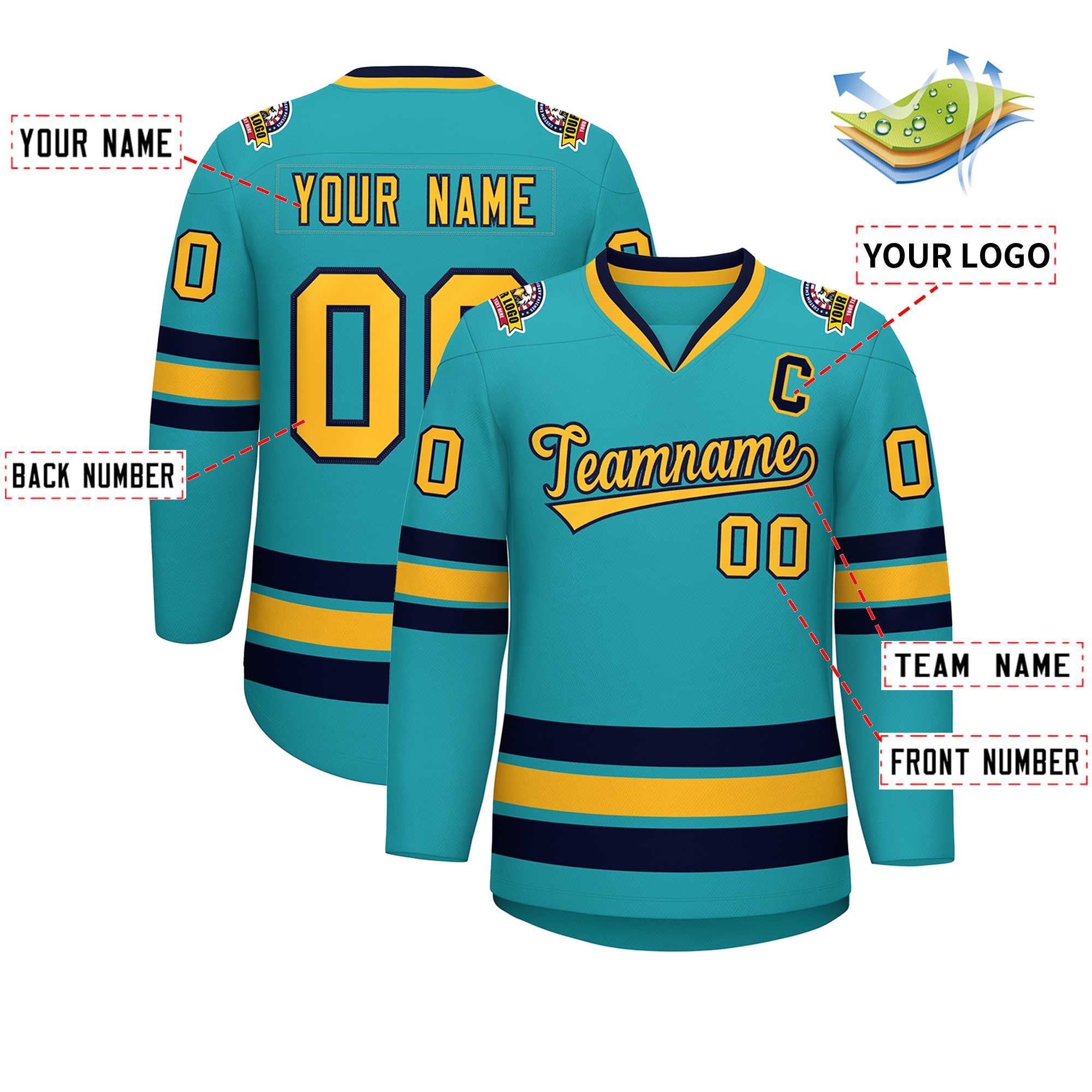Custom Aqua Gold-Navy Classic Style Hockey Jersey | KXKSHOP