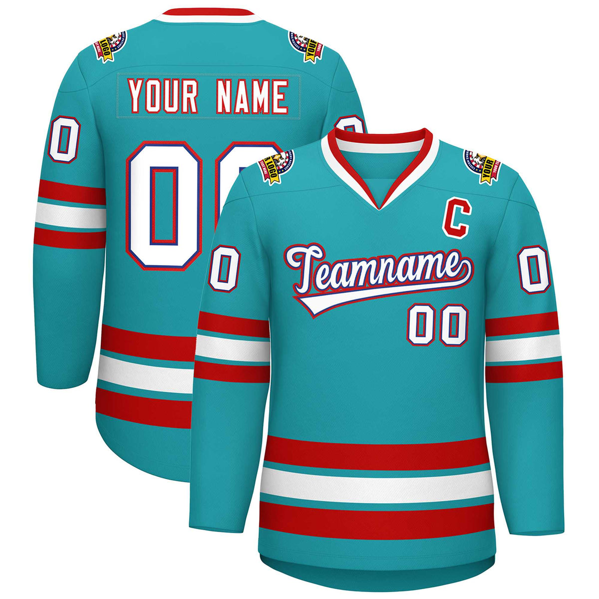 Custom Aqua White Royal-Red Classic Style Hockey Jersey | KXKSHOP