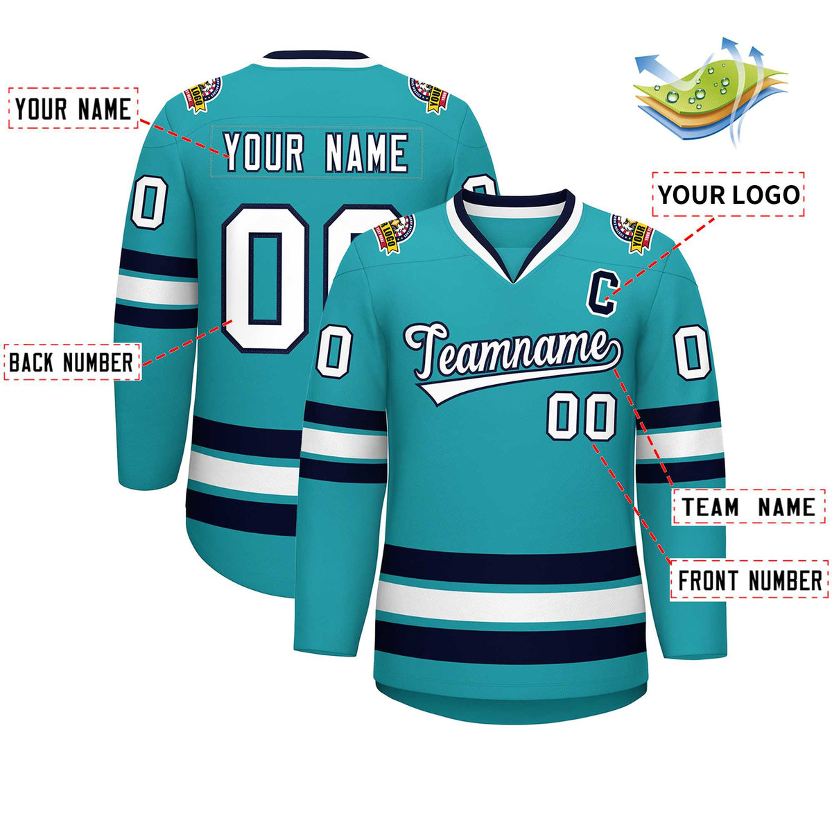Custom Aqua White-Navy Classic Style Hockey Jersey | KXKSHOP