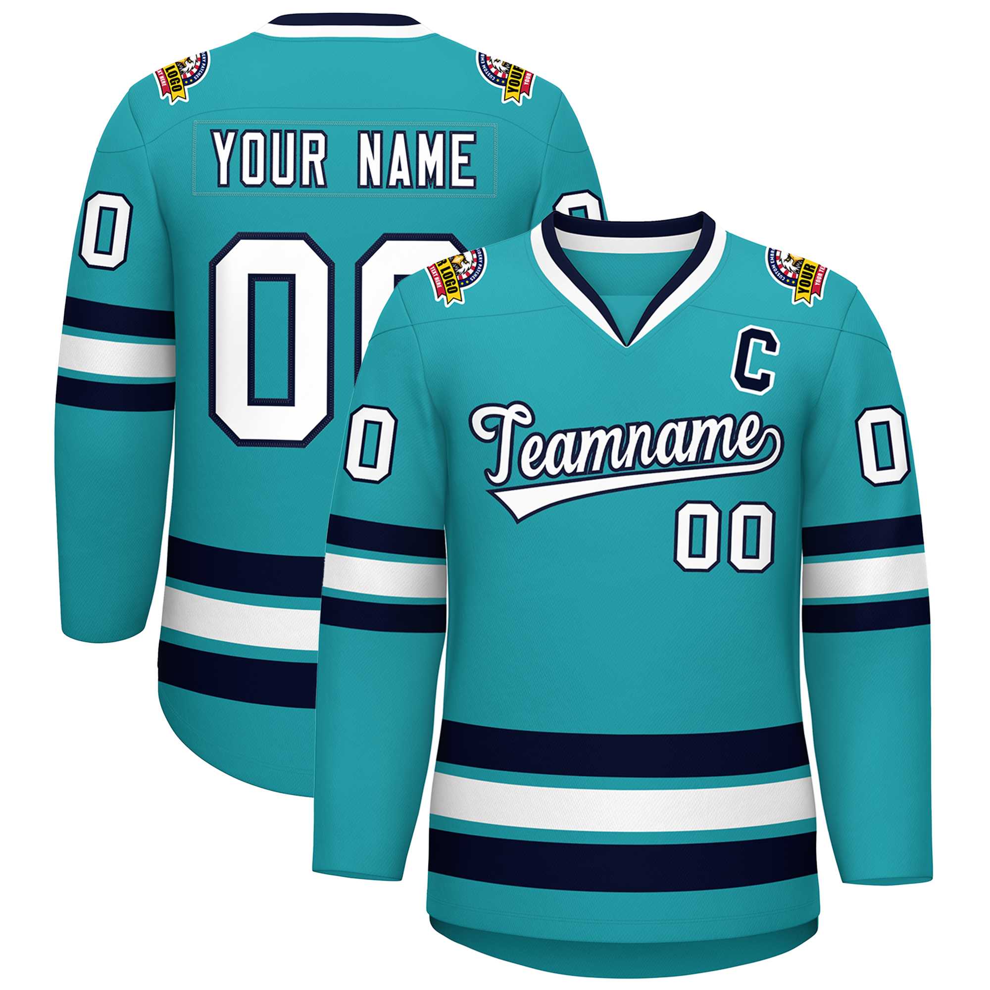Custom Aqua White-Navy Classic Style Hockey Jersey | KXKSHOP