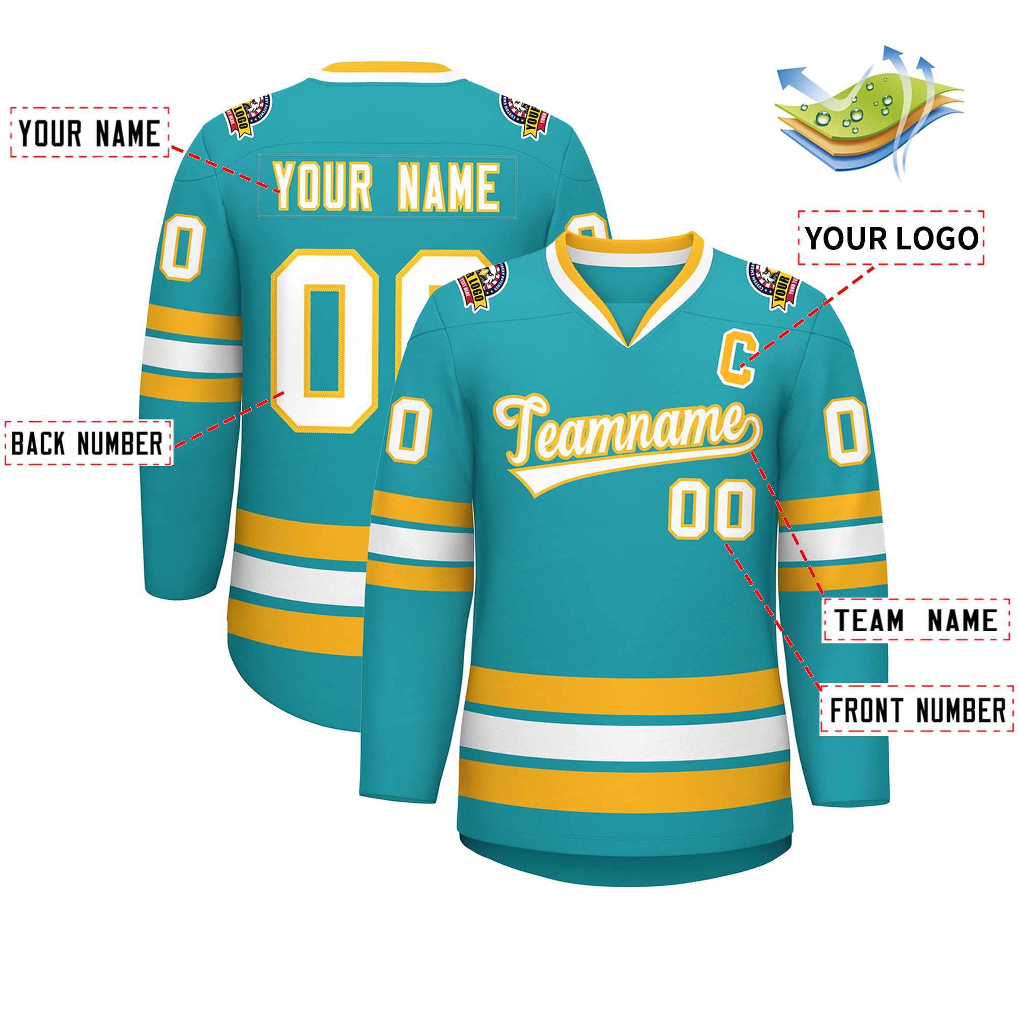Custom Aqua White-Gold Classic Style Hockey Jersey | KXKSHOP