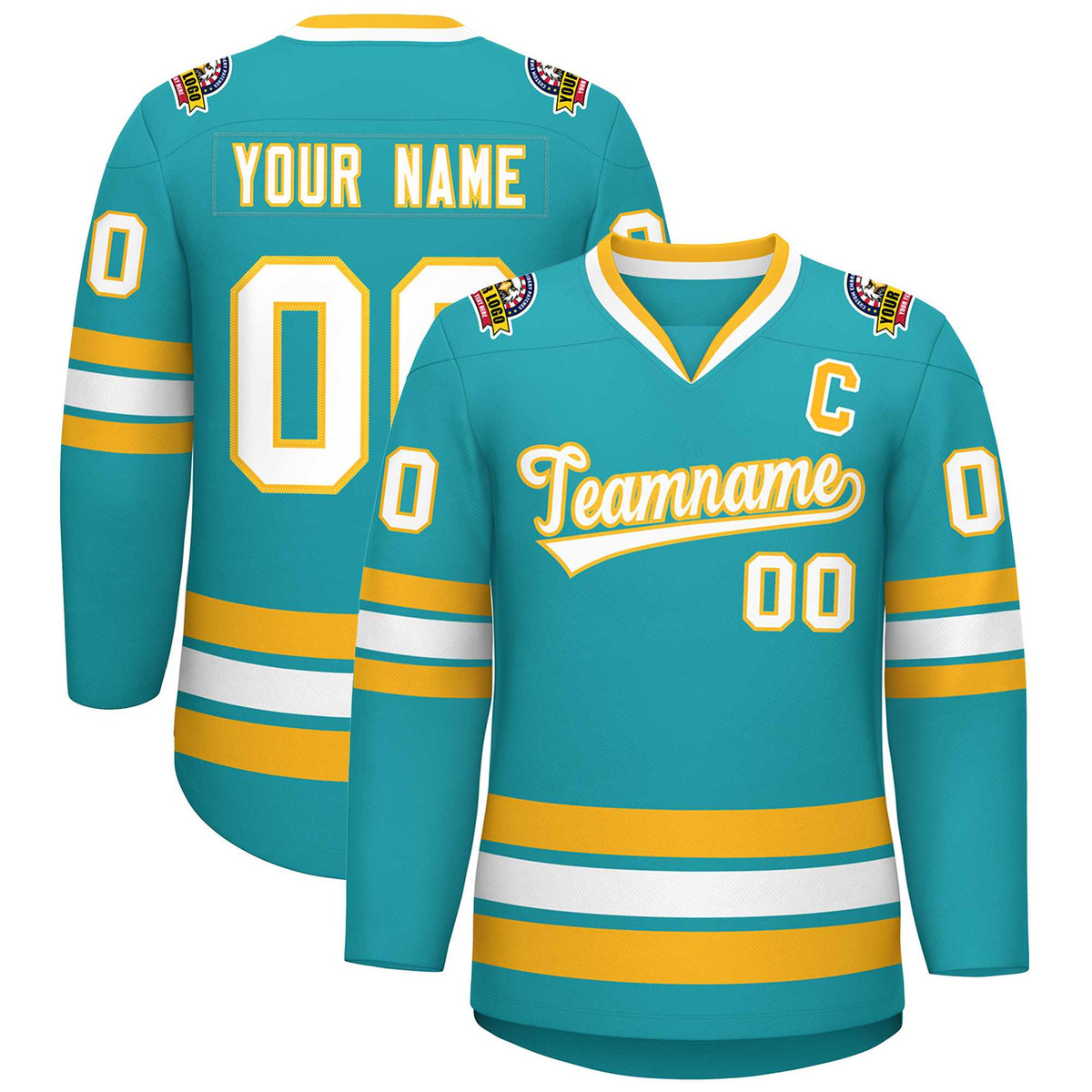 Custom Aqua White-Gold Classic Style Hockey Jersey | KXKSHOP