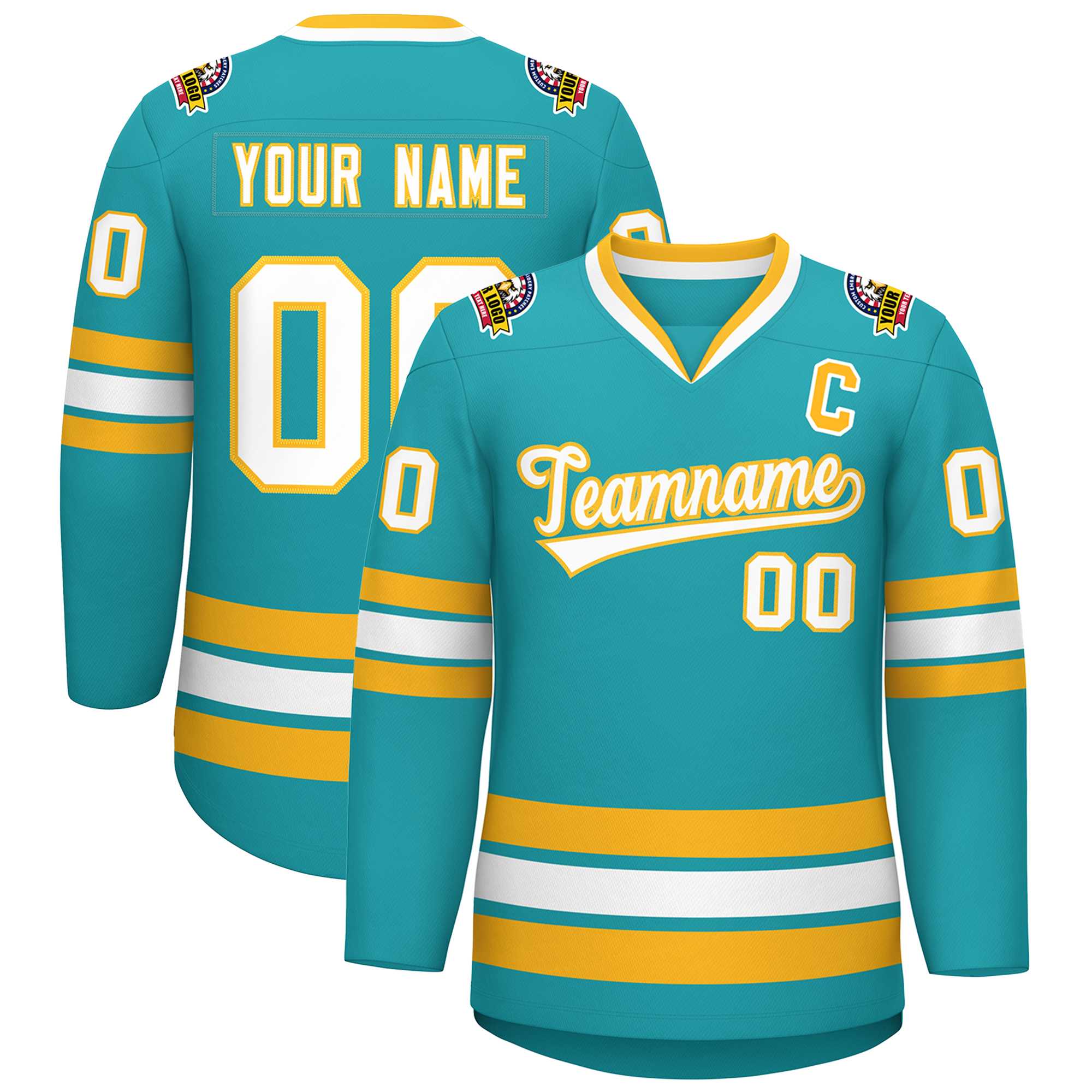 Custom Aqua White-Gold Classic Style Hockey Jersey | KXKSHOP