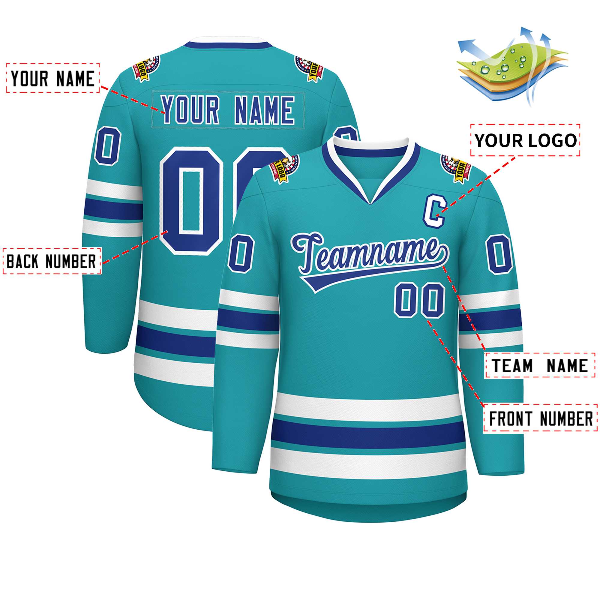 Custom Aqua Royal-White Classic Style Hockey Jersey | KXKSHOP