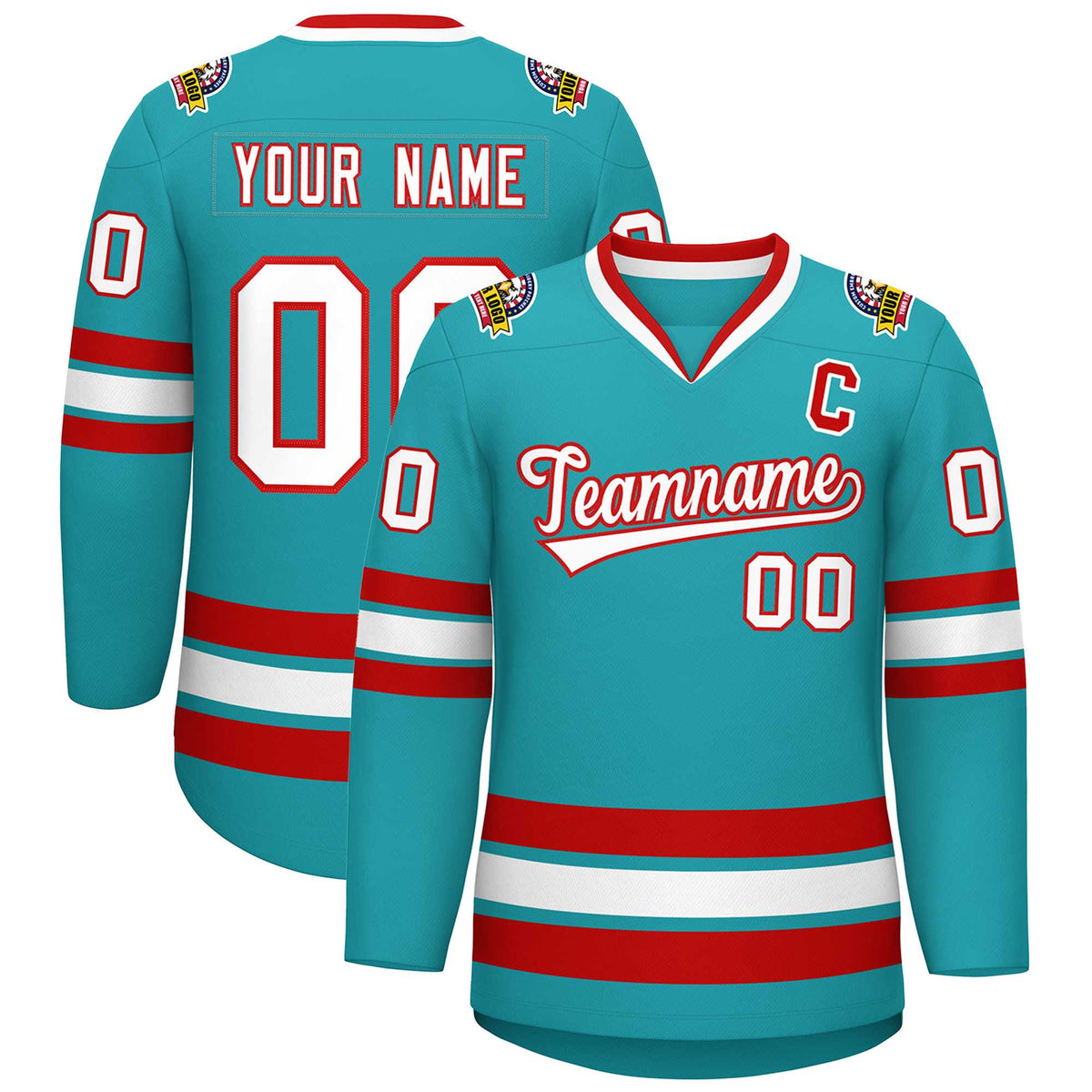 Custom Aqua White-Red Classic Style Hockey Jersey | KXKSHOP