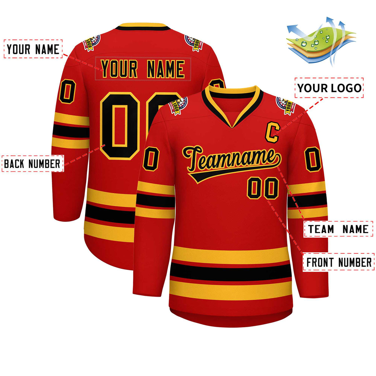 Custom Red Black-Gold Classic Style Hockey Jersey | KXKSHOP