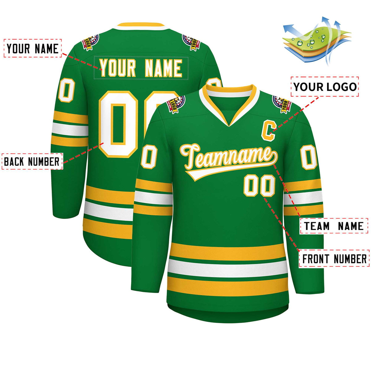 Custom Kelly Green White-Gold Classic Style Hockey Jersey | KXKSHOP