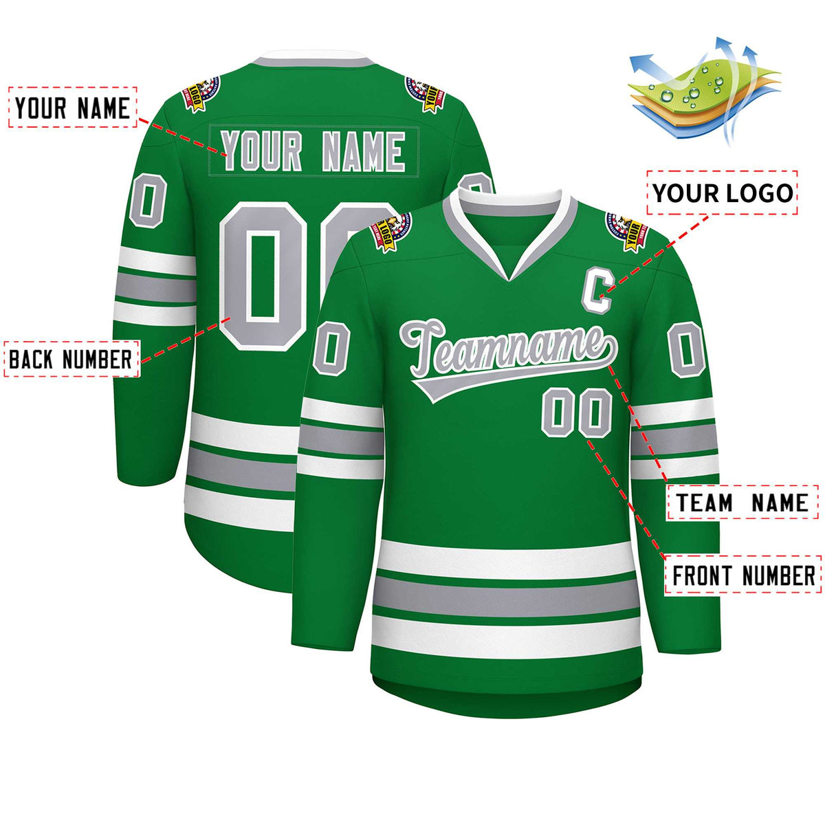 Custom Kelly Green Gray-White Classic Style Hockey Jersey | KXKSHOP
