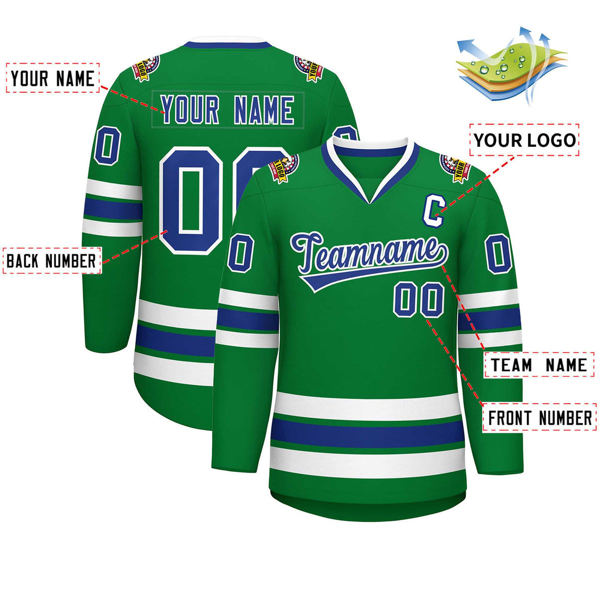 Custom Kelly Green Royal-White Classic Style Hockey Jersey | KXKSHOP