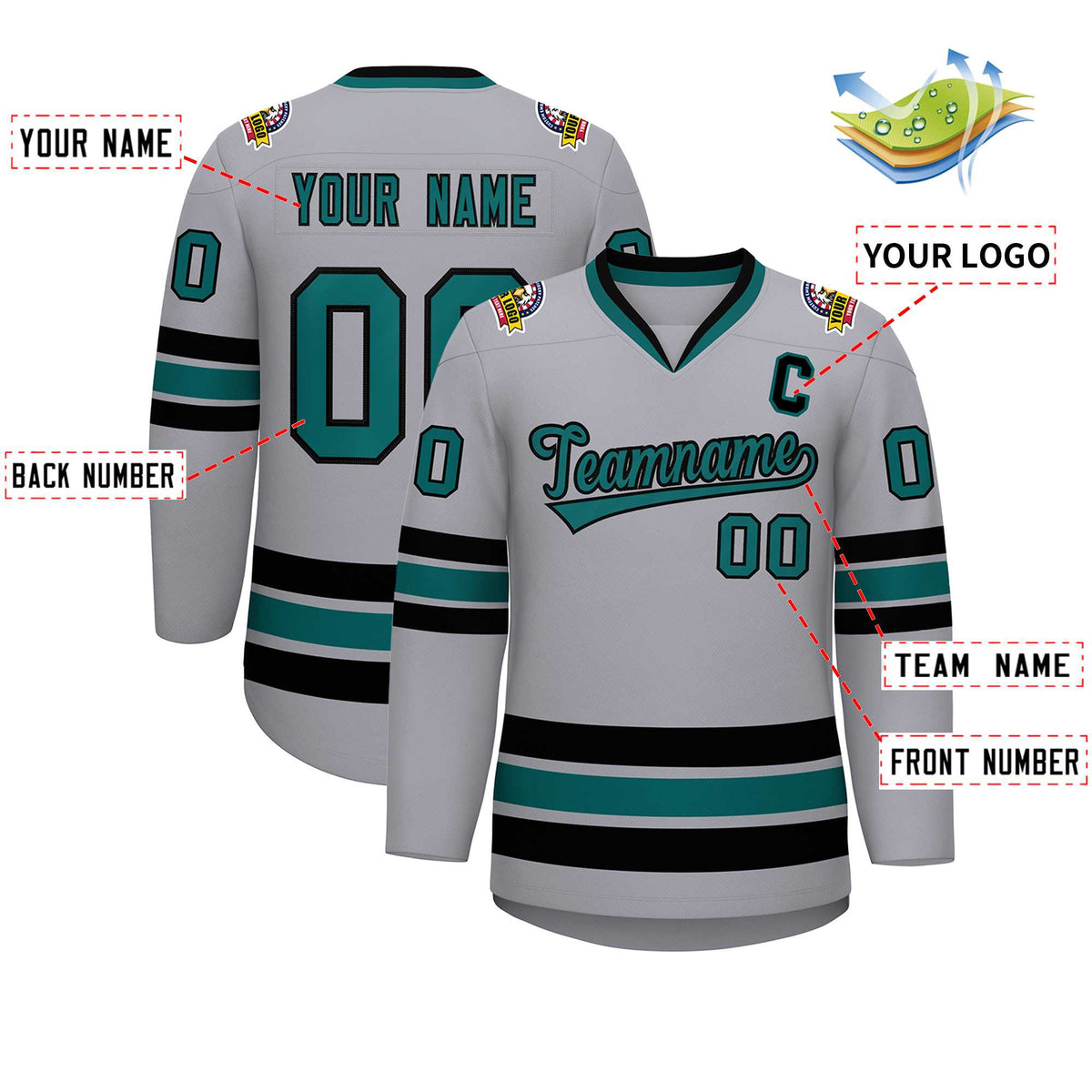 Custom Gray Aqua-Black Classic Style Hockey Jersey | KXKSHOP