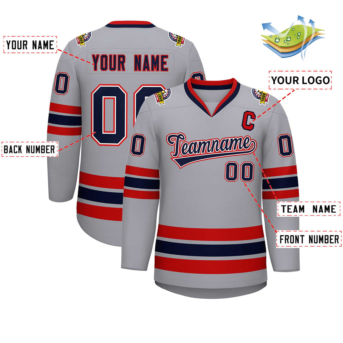 Custom Gray Navy White-Red Classic Style Hockey Jersey | KXKSHOP