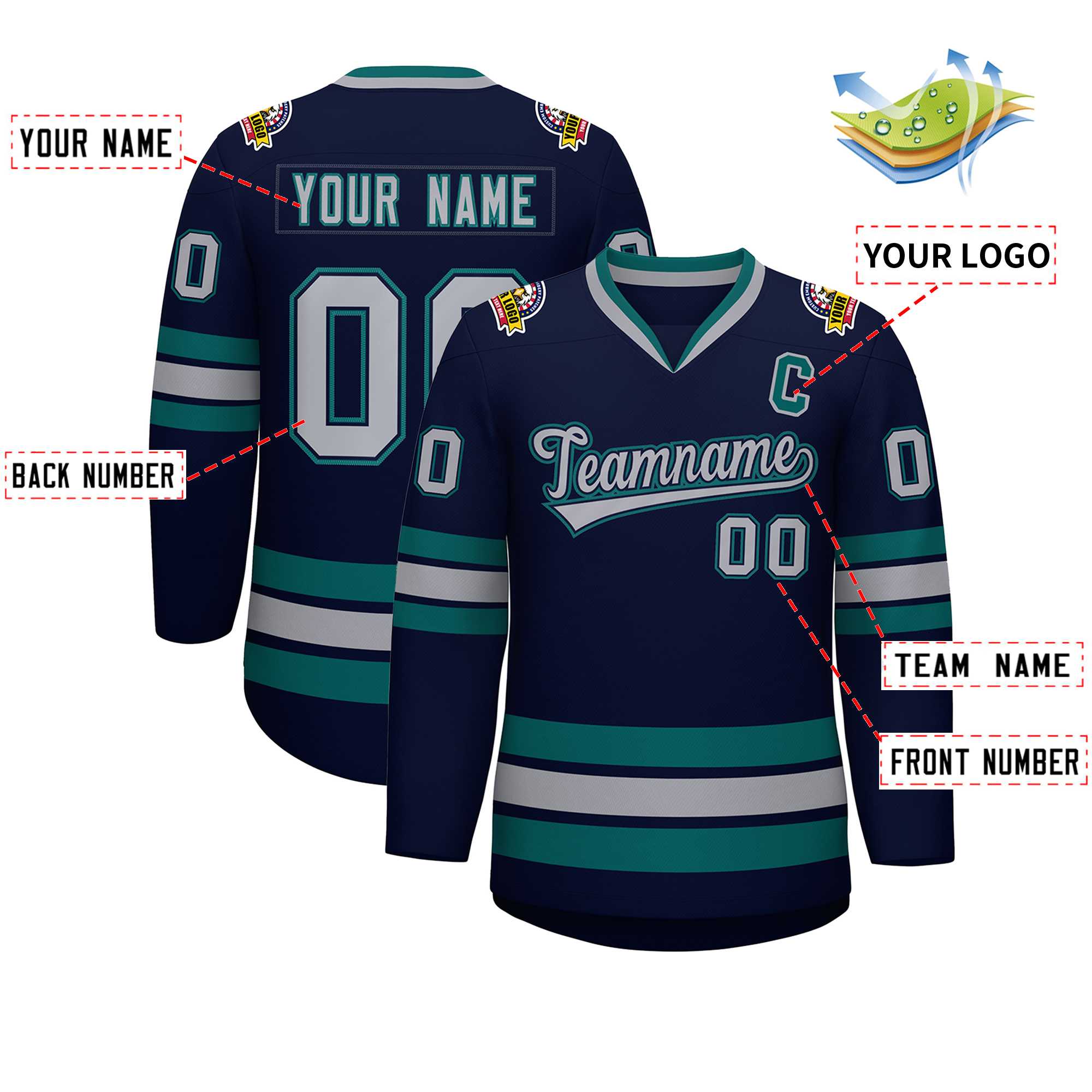 Custom Navy Gray Navy-Aqua Classic Style Hockey Jersey | KXKSHOP
