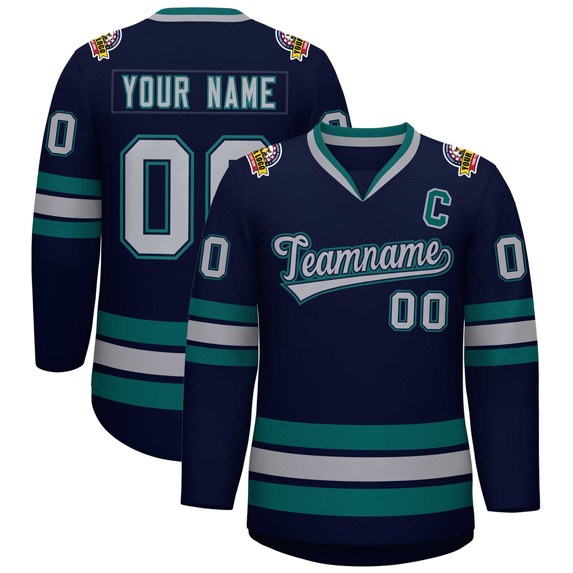 Custom Navy Gray Navy-Aqua Classic Style Hockey Jersey | KXKSHOP