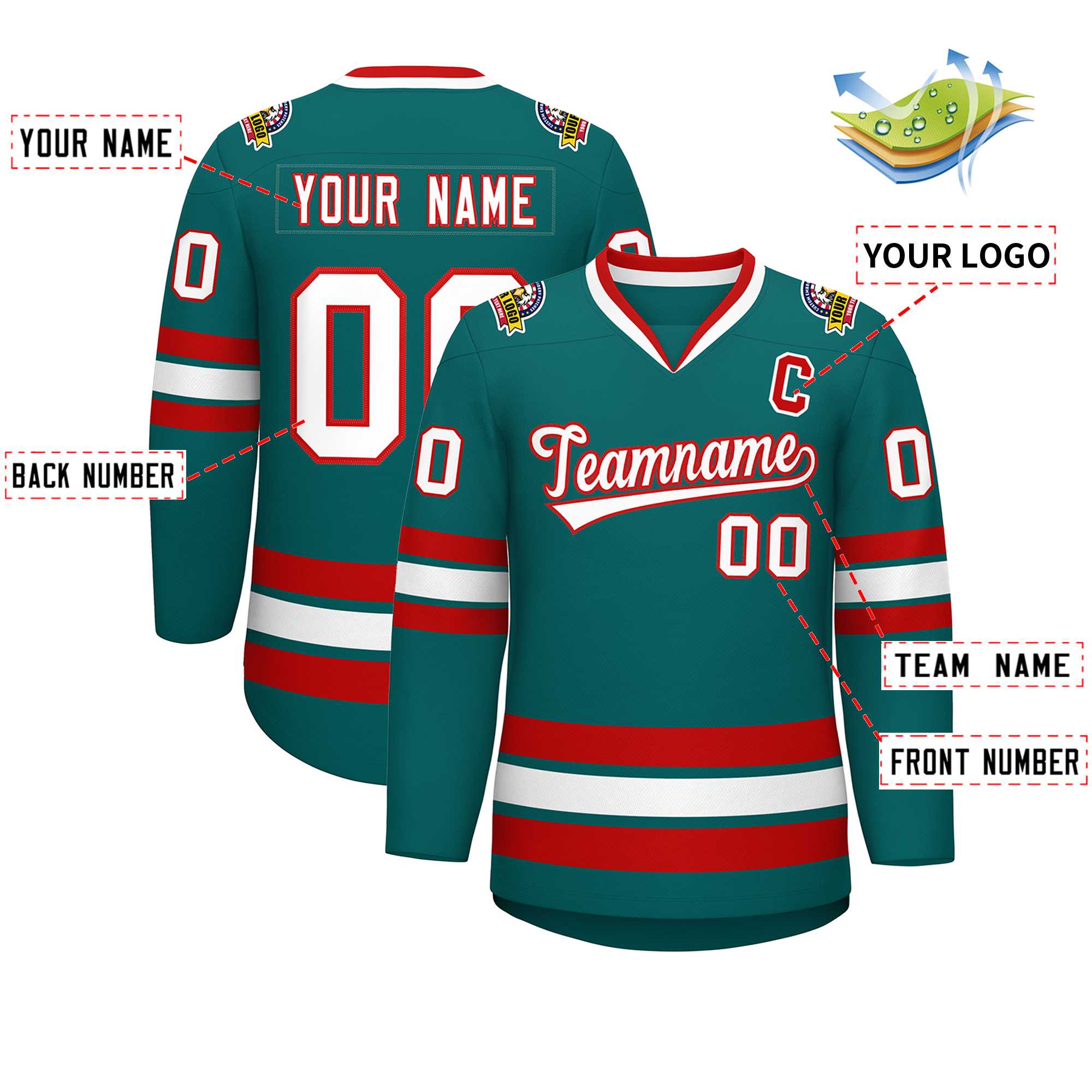 Custom Aqua White-Red Classic Style Hockey Jersey | KXKSHOP