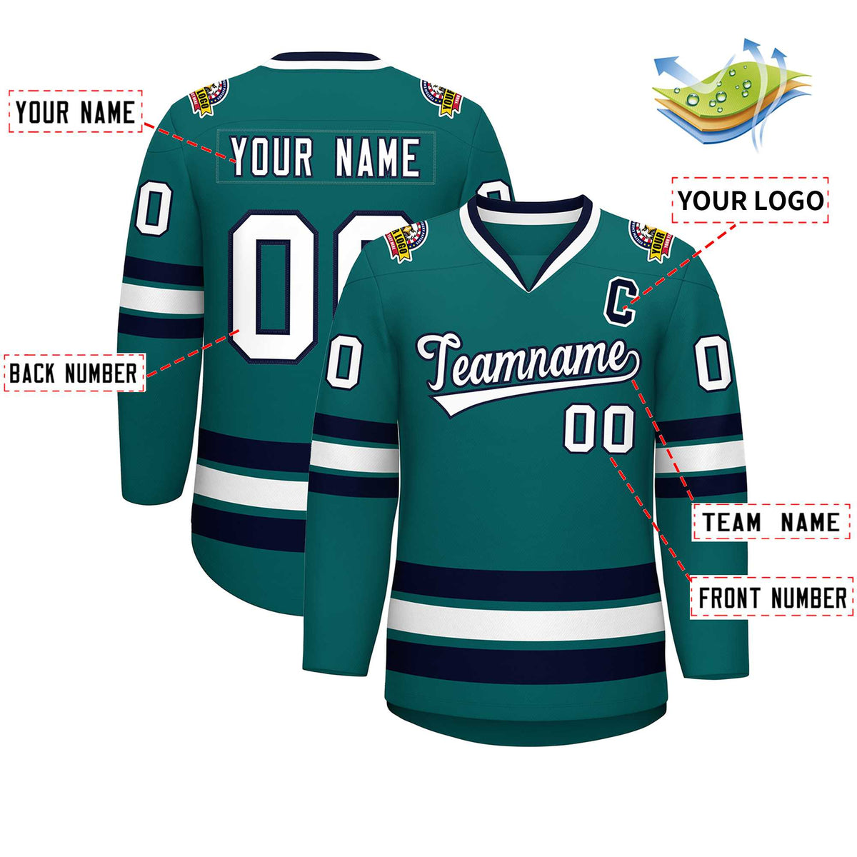 Custom Aqua White-Navy Classic Style Hockey Jersey | KXKSHOP