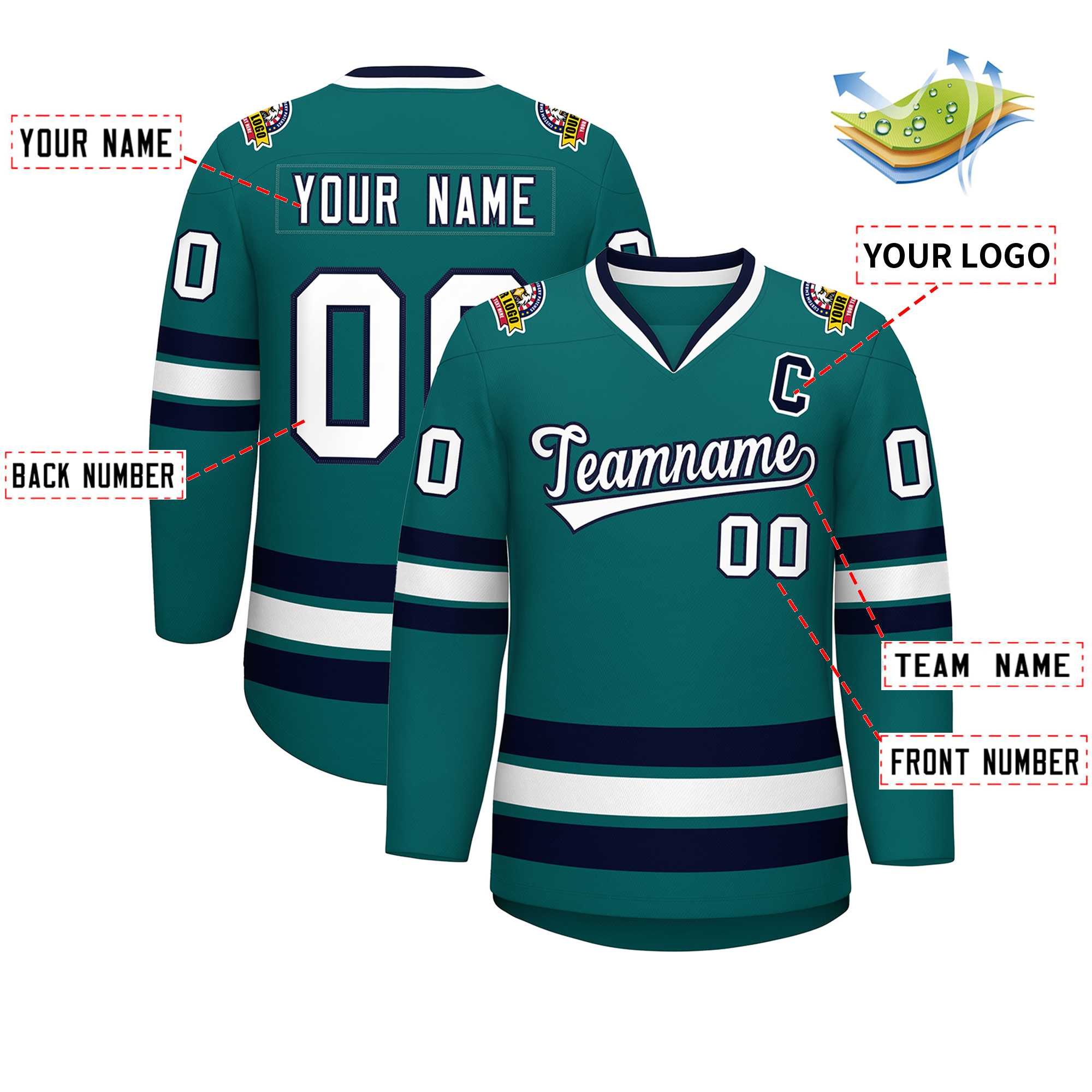 Custom Aqua White-Navy Classic Style Hockey Jersey | KXKSHOP