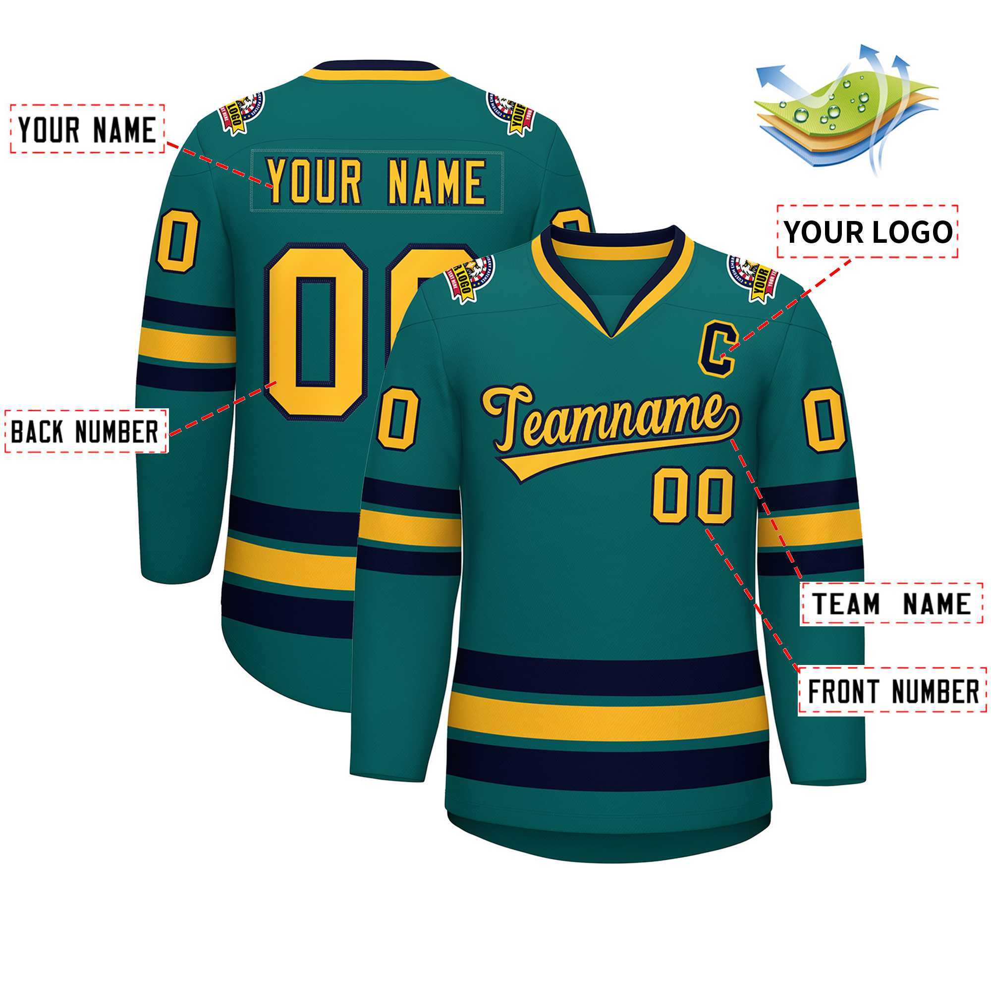 Custom Aqua Gold-Navy Classic Style Hockey Jersey | KXKSHOP