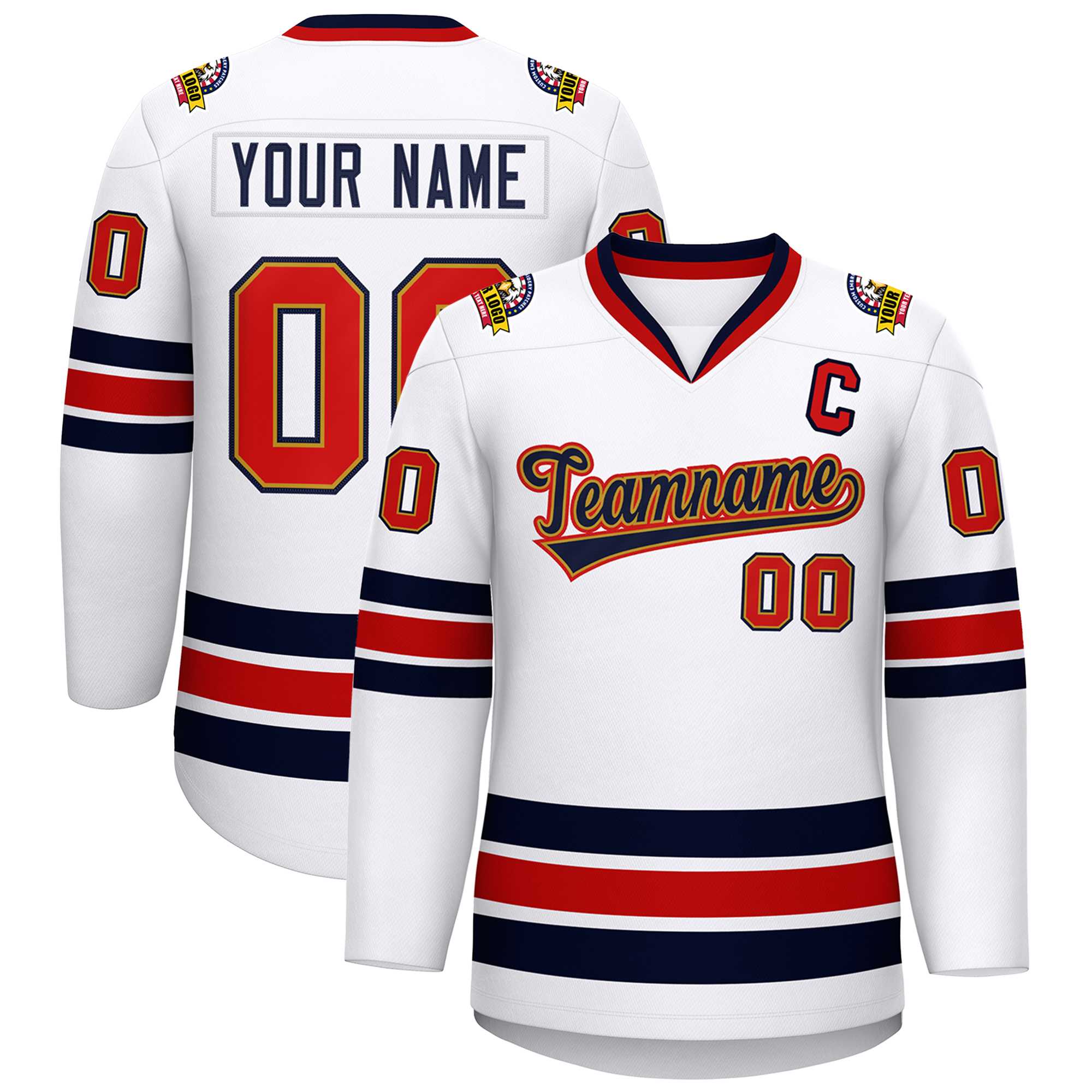 Custom White Navy Old Gold-Red Classic Style Hockey Jersey | KXKSHOP