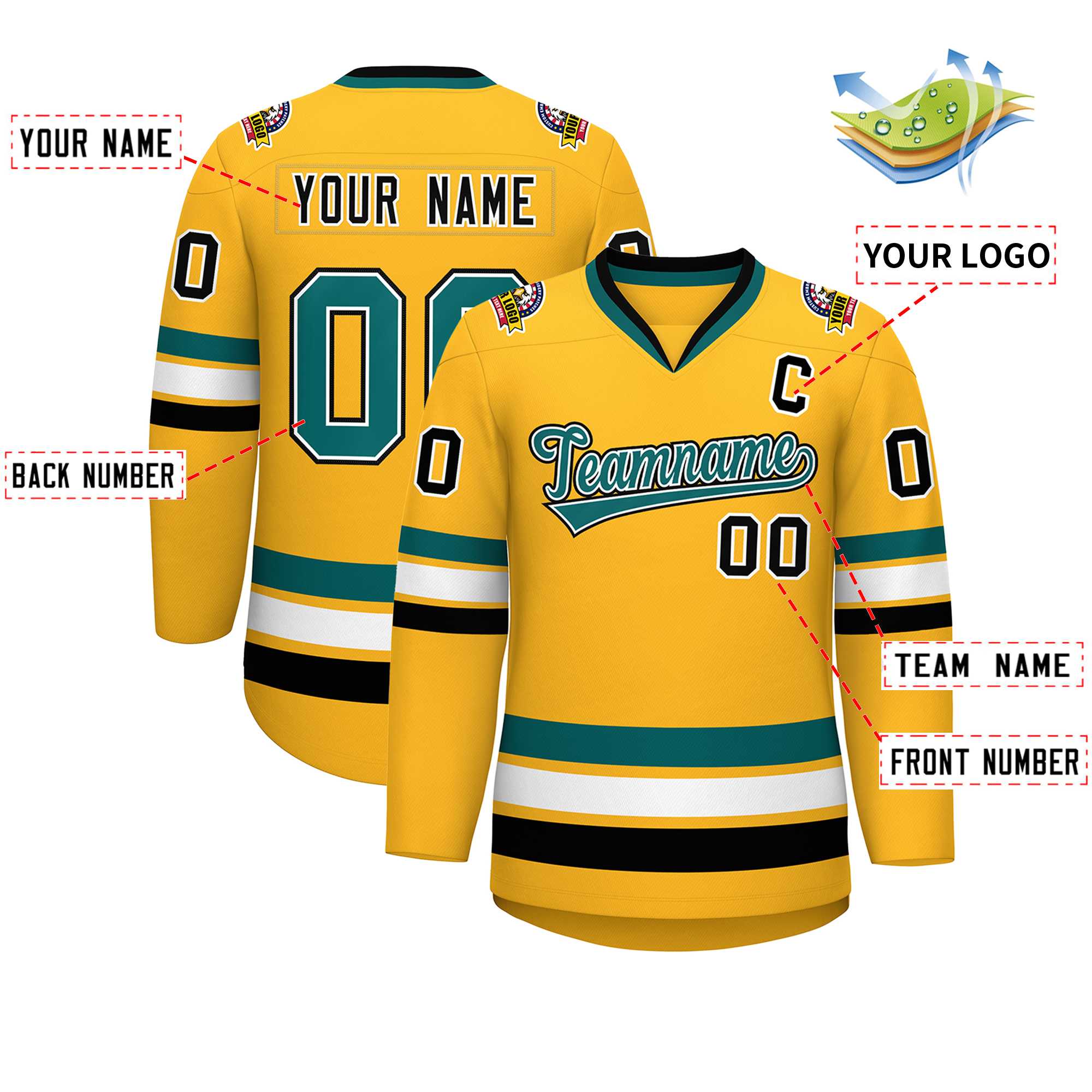 Custom Gold Aqua White-Black Classic Style Hockey Jersey | KXKSHOP