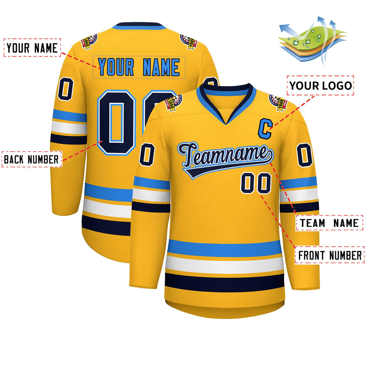 Custom Gold Navy White-Powder Blue Classic Style Hockey Jersey | KXKSHOP