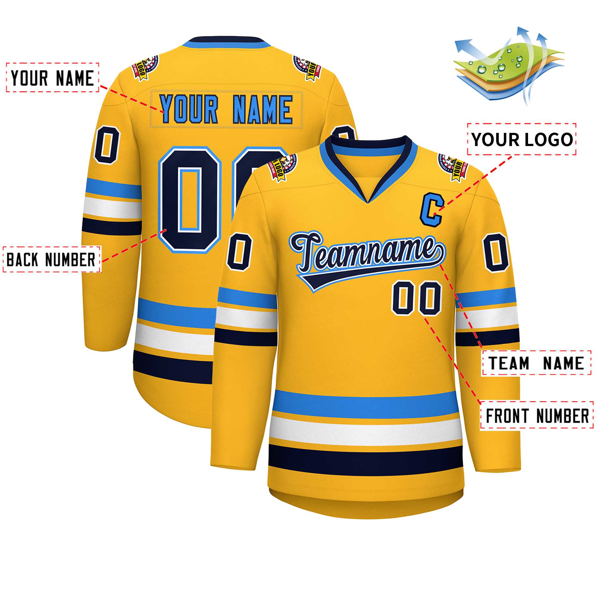 Custom Gold Navy White-Powder Blue Classic Style Hockey Jersey | KXKSHOP