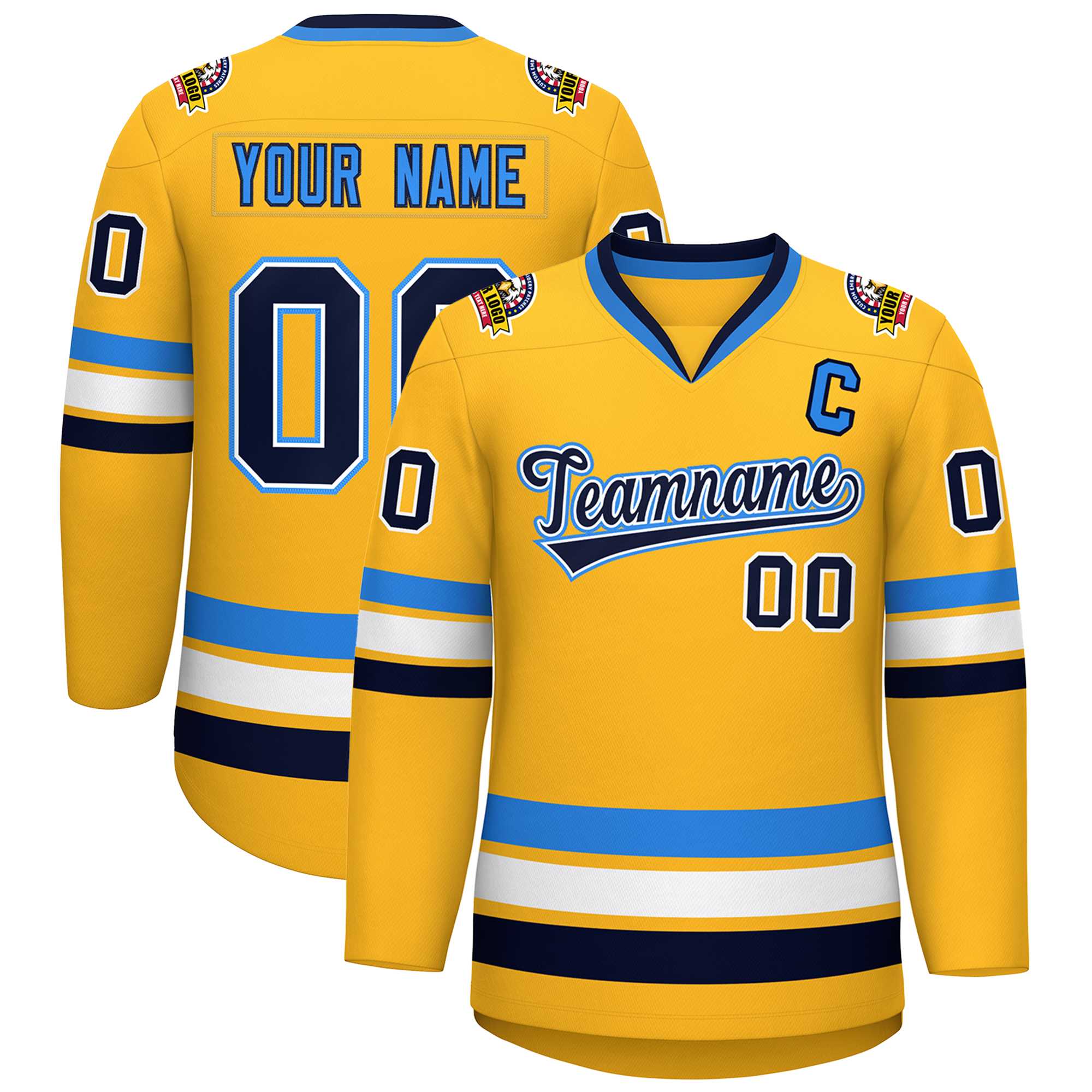 Custom Gold Navy White-Powder Blue Classic Style Hockey Jersey | KXKSHOP