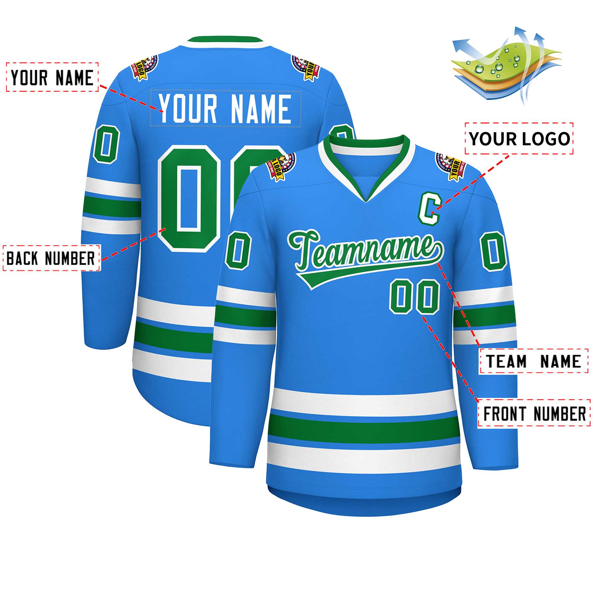 Custom Powder Blue Kelly Green-White Classic Style Hockey Jersey | KXKSHOP