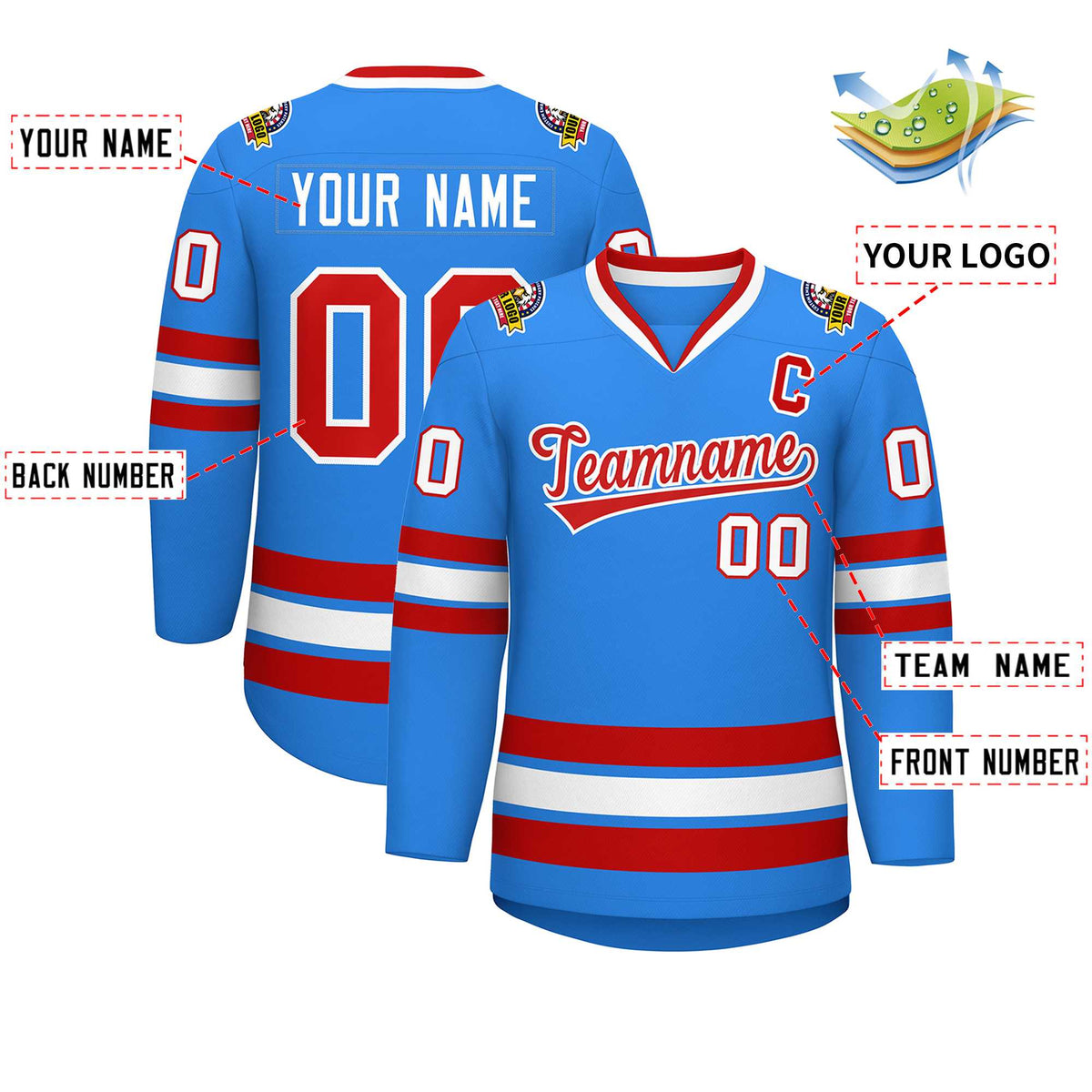 Custom Powder Blue Red-White Classic Style Hockey Jersey | KXKSHOP