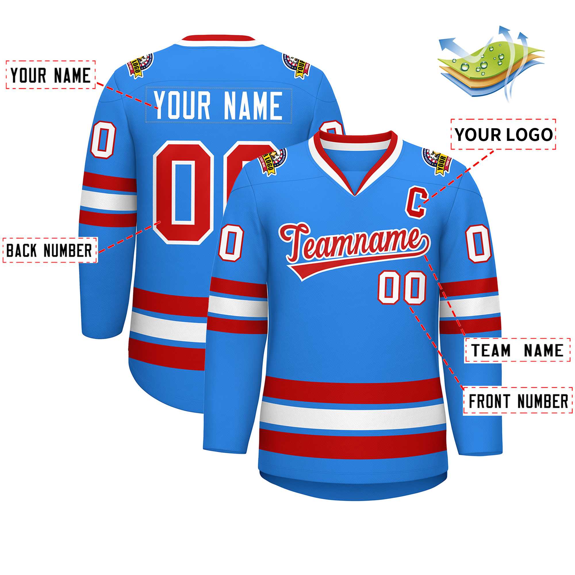 Custom Powder Blue Red-White Classic Style Hockey Jersey | KXKSHOP