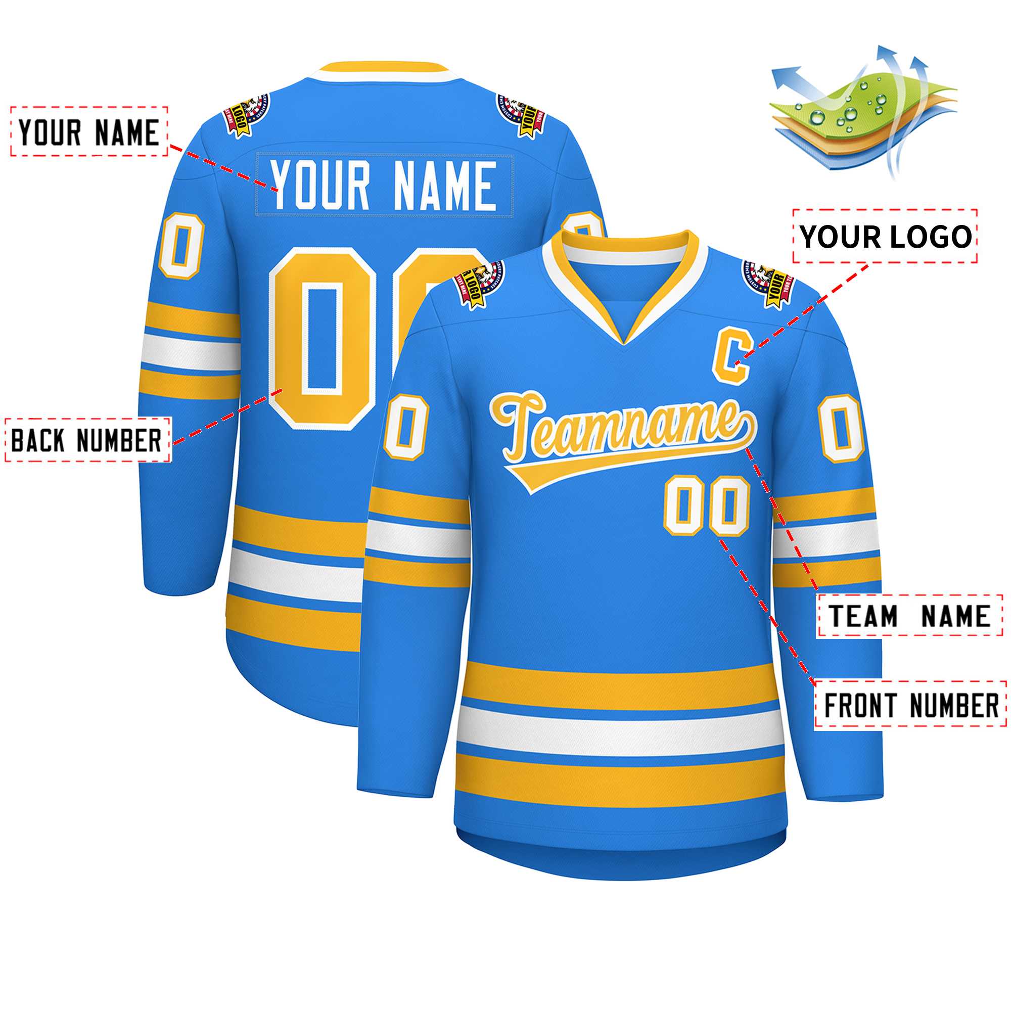 Custom Powder Blue Gold-White Classic Style Hockey Jersey | KXKSHOP
