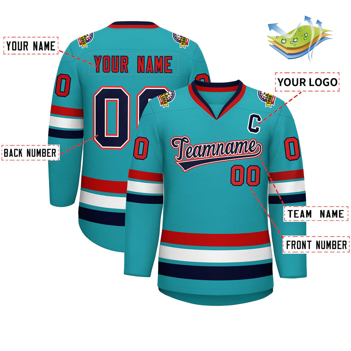 Custom Aqua Navy White-Red Classic Style Hockey Jersey | KXKSHOP