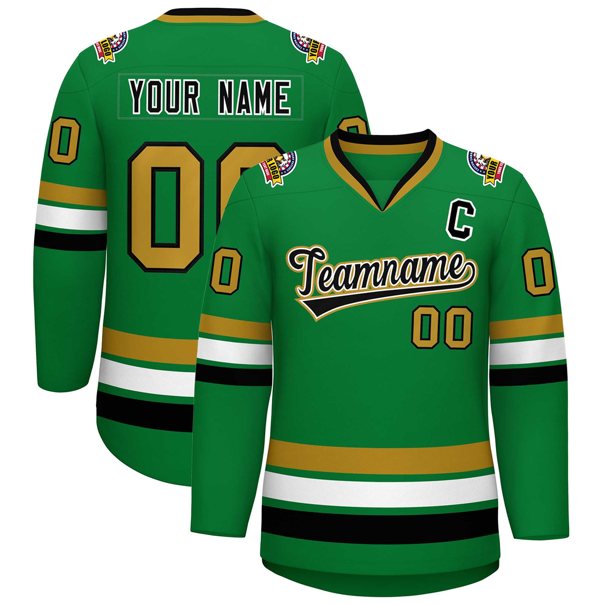 Custom Kelly Green Black White-Old Gold Classic Style Hockey Jersey | KXKSHOP