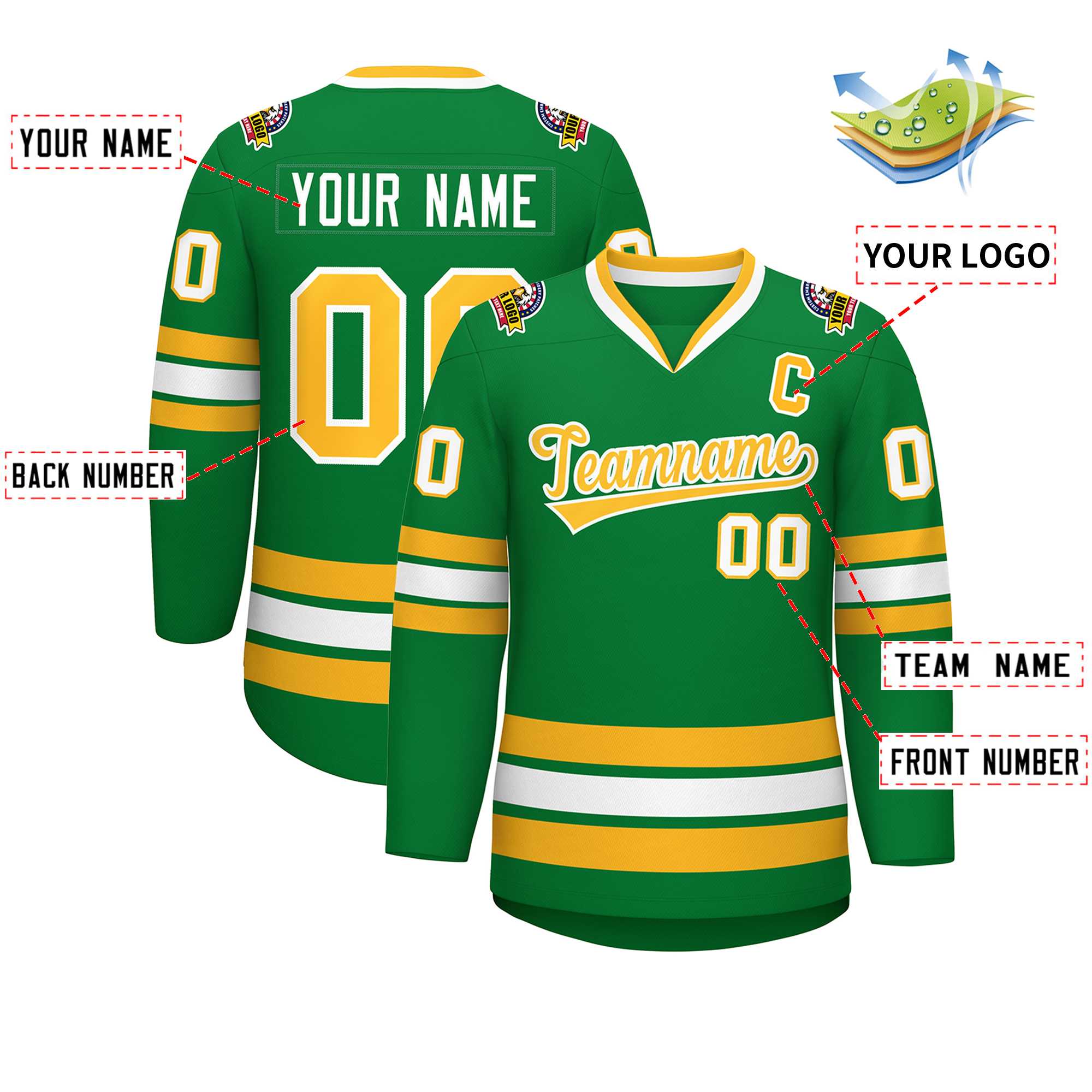 Custom Kelly Green Gold-White Classic Style Hockey Jersey | KXKSHOP