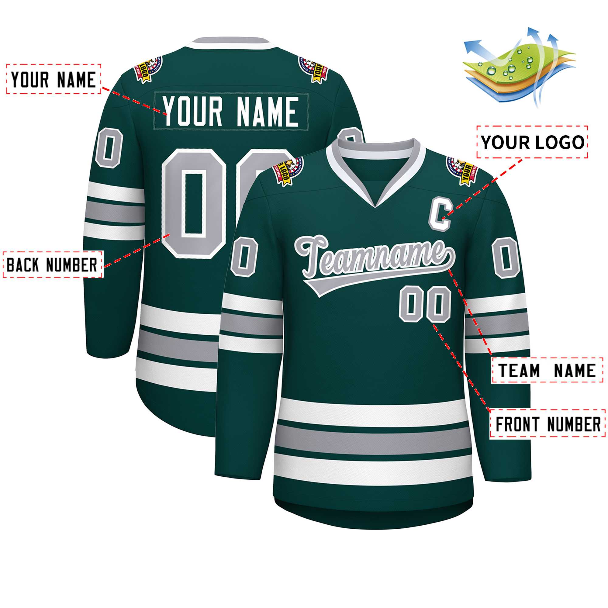 Custom Midnight Green Gray-White Classic Style Hockey Jersey | KXKSHOP