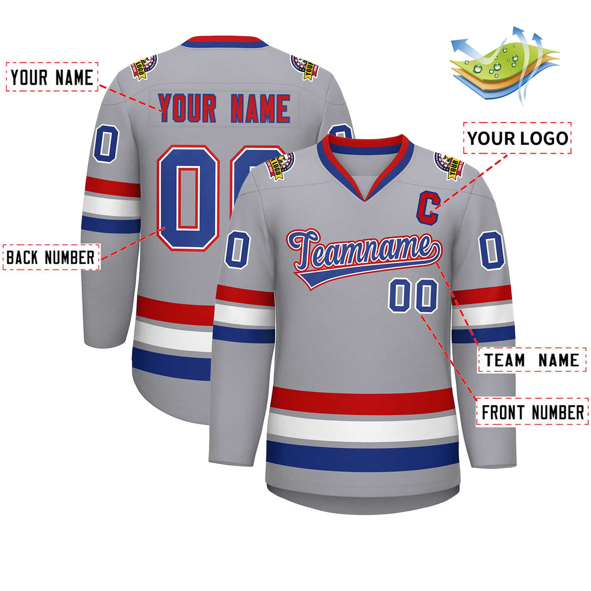 Custom Gray Royal White-Red Classic Style Hockey Jersey | KXKSHOP