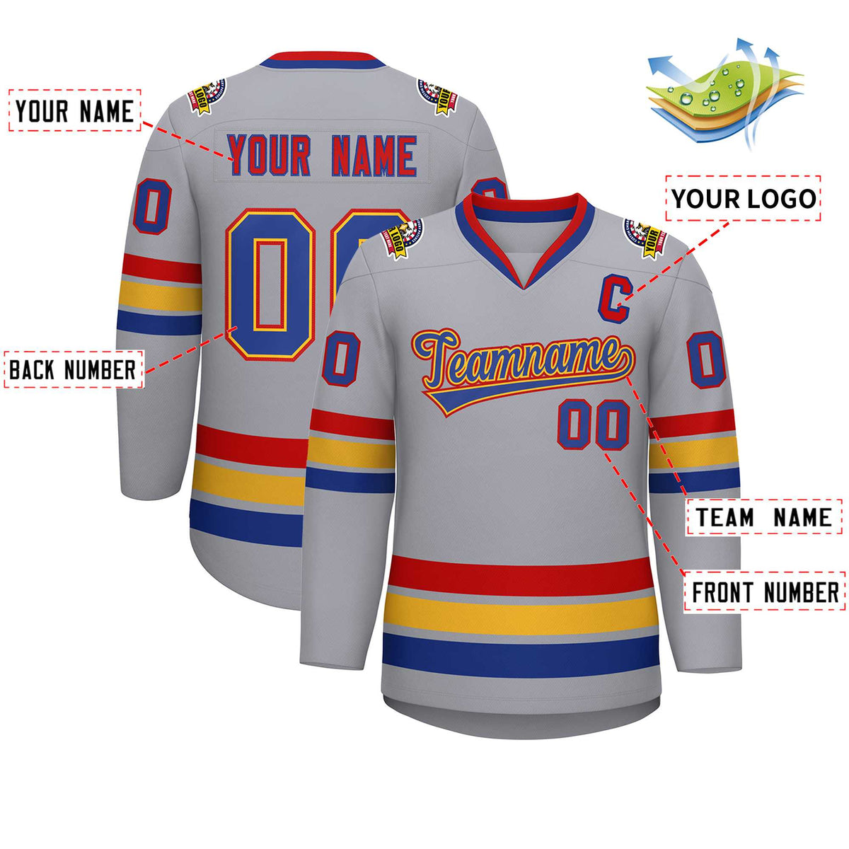 Custom Gray Royal Gold-Red Classic Style Hockey Jersey | KXKSHOP